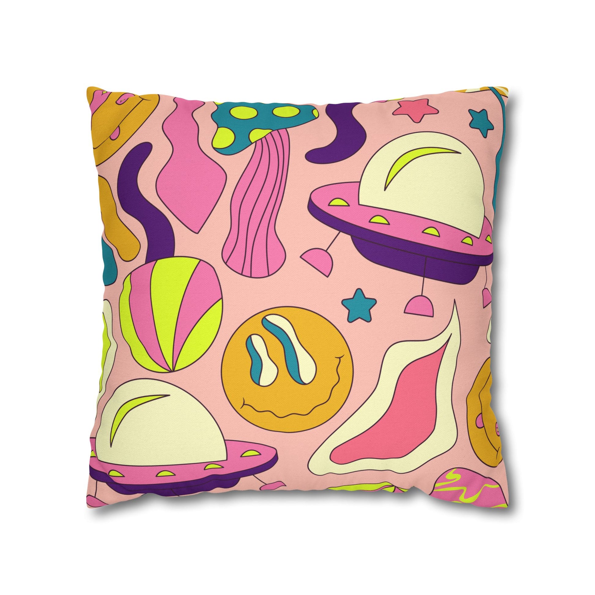 Trippy Spaceships Pink Spun Polyester Square Pillowcase, Artsulli - Art is Long, Life is Short, Home Decor, Size, 18" × 18", , , , , 14055500606300