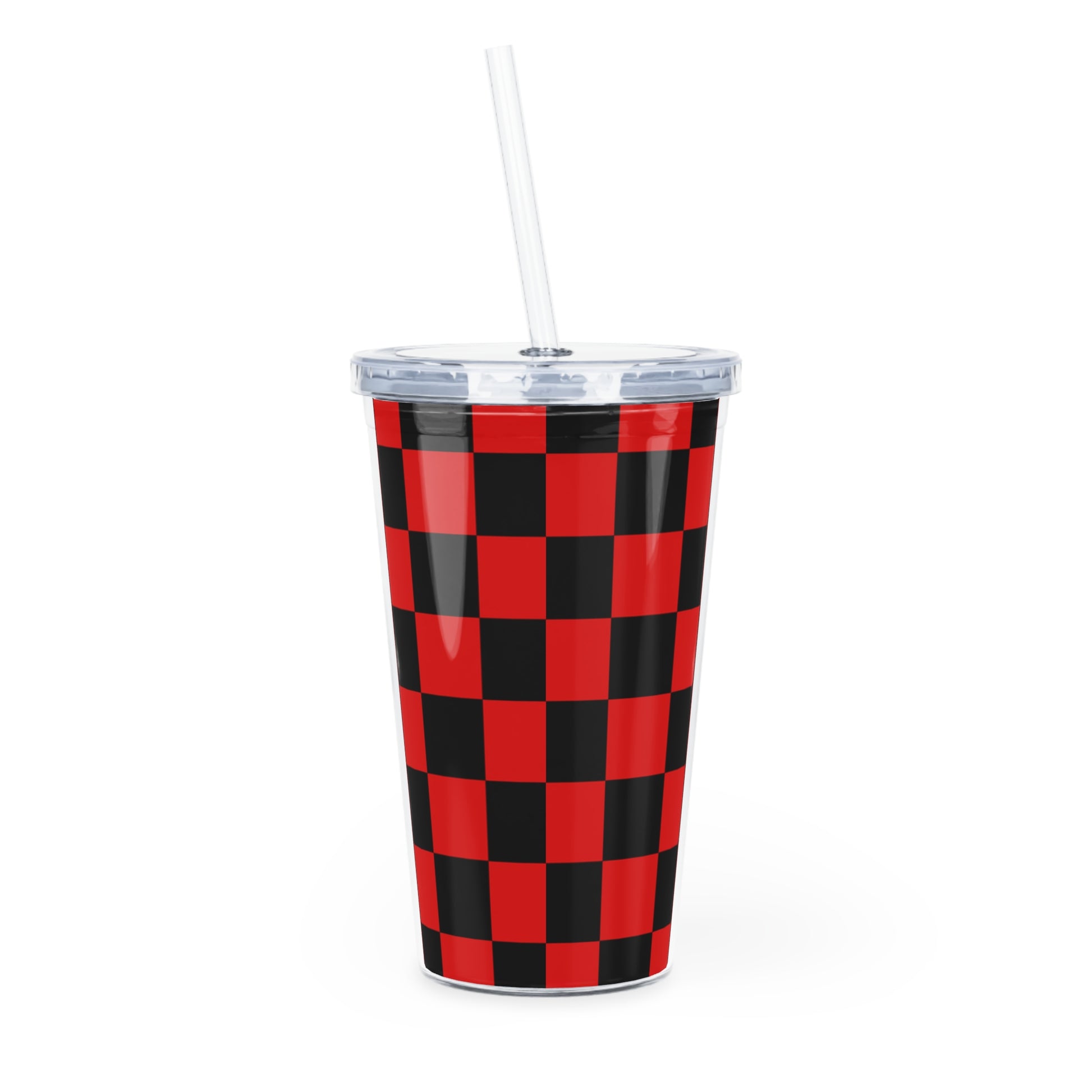 Checkerboard Red and Black Plastic Tumbler with Straw, Artsulli - Art is Long, Life is Short, Mug, , , , , , , 
