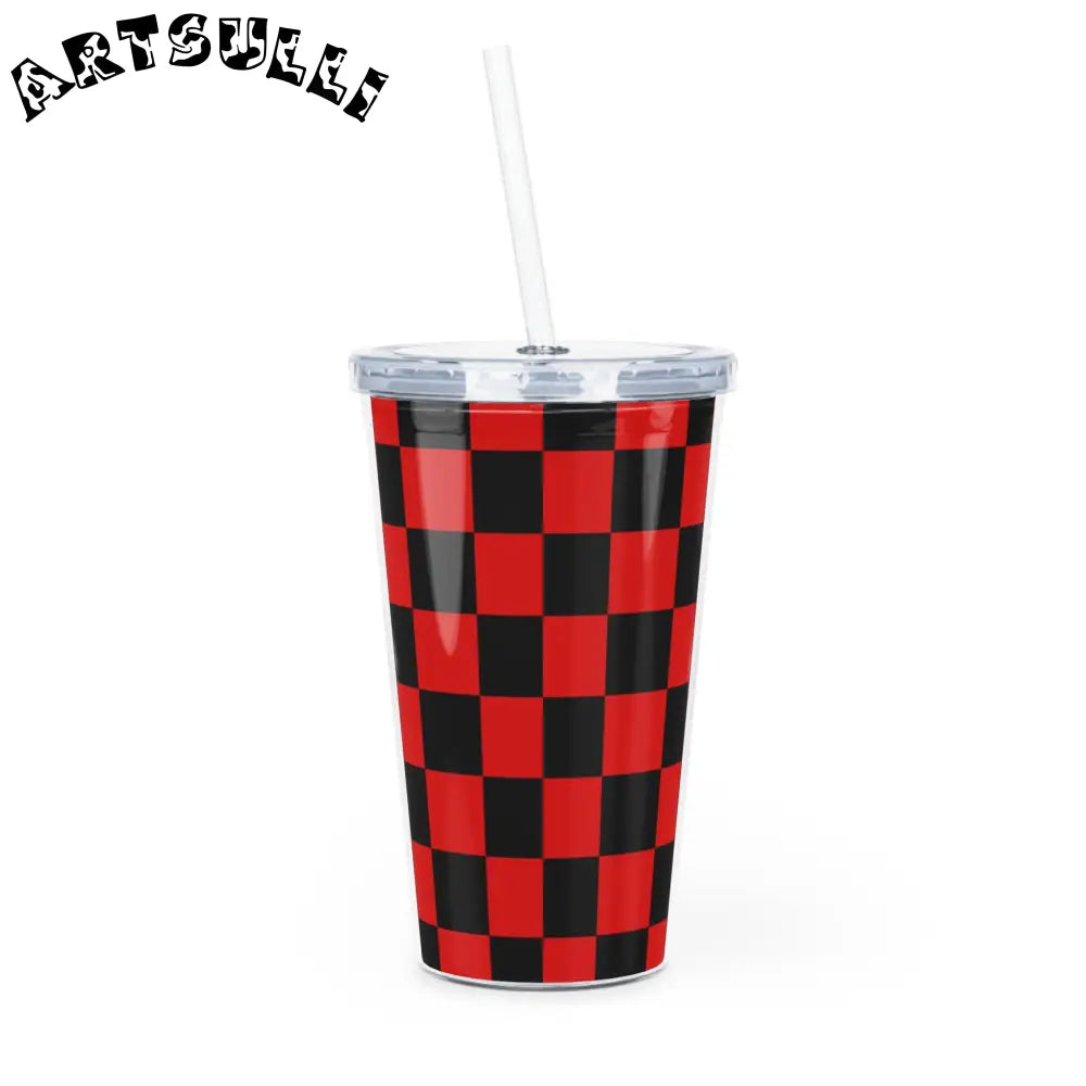 JAKKOUTTHEBXX Checkerboard Red and Black Plastic Tumbler with Straw