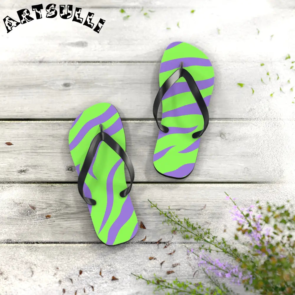 JAKKOUTTHEBXX Tyrannosaurus Print Green and Purple Flip Flops