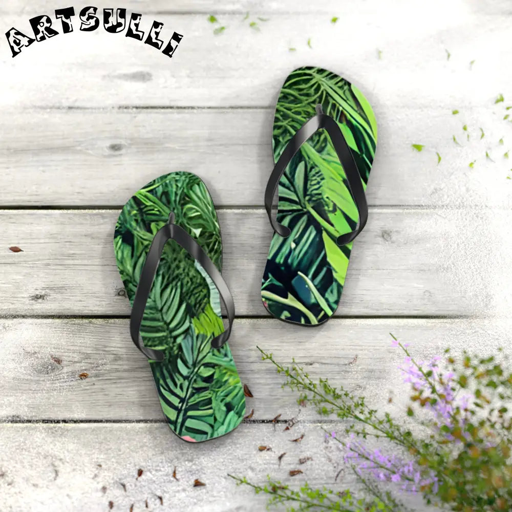 JAKKOUTTHEBXX Black Strapped Flip Flops with Green Leaf Pattern