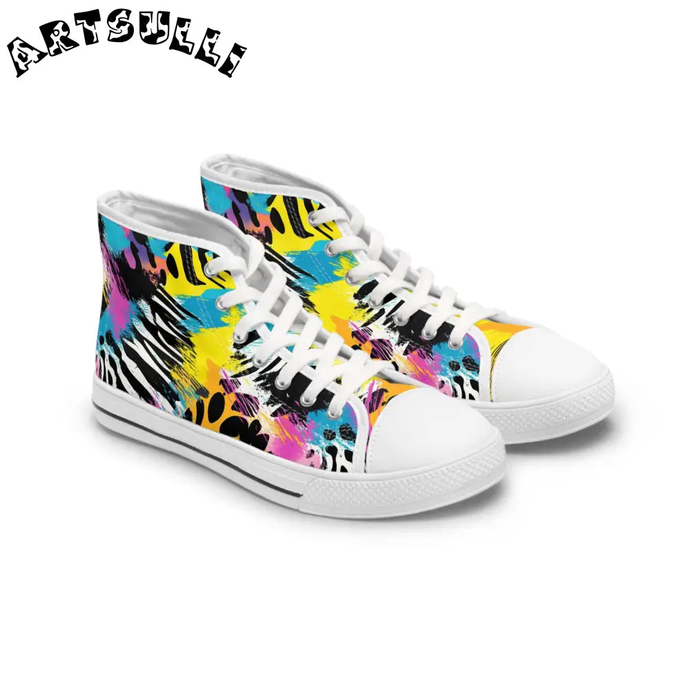 Zebra Stripes x Leopard Print x Paint Splatter Multi-Color Women's High Top Sneakers, Artsulli - Art is Long, Life is Short, Shoes, Size, US 5.5, Color, White sole, , , 17978392207757