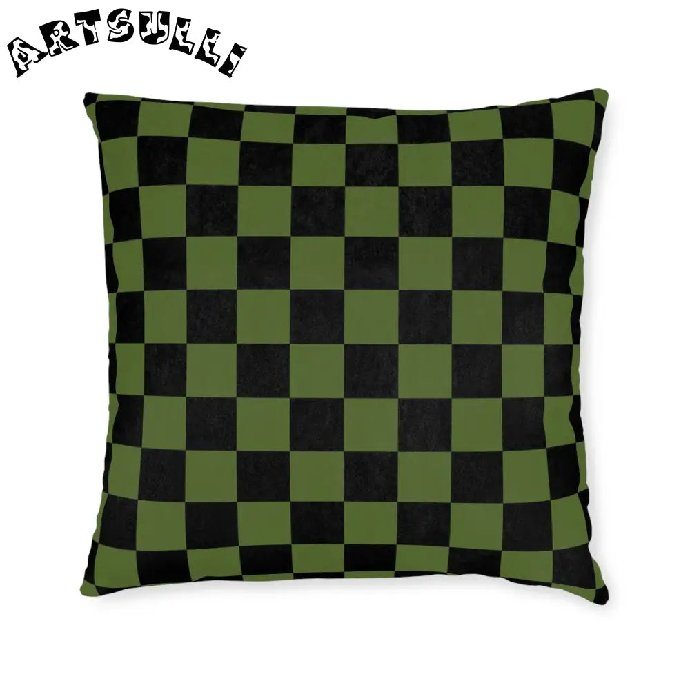 JAKKOUTTHEBXX Checkerboard Olive Green and Black Square Pillow