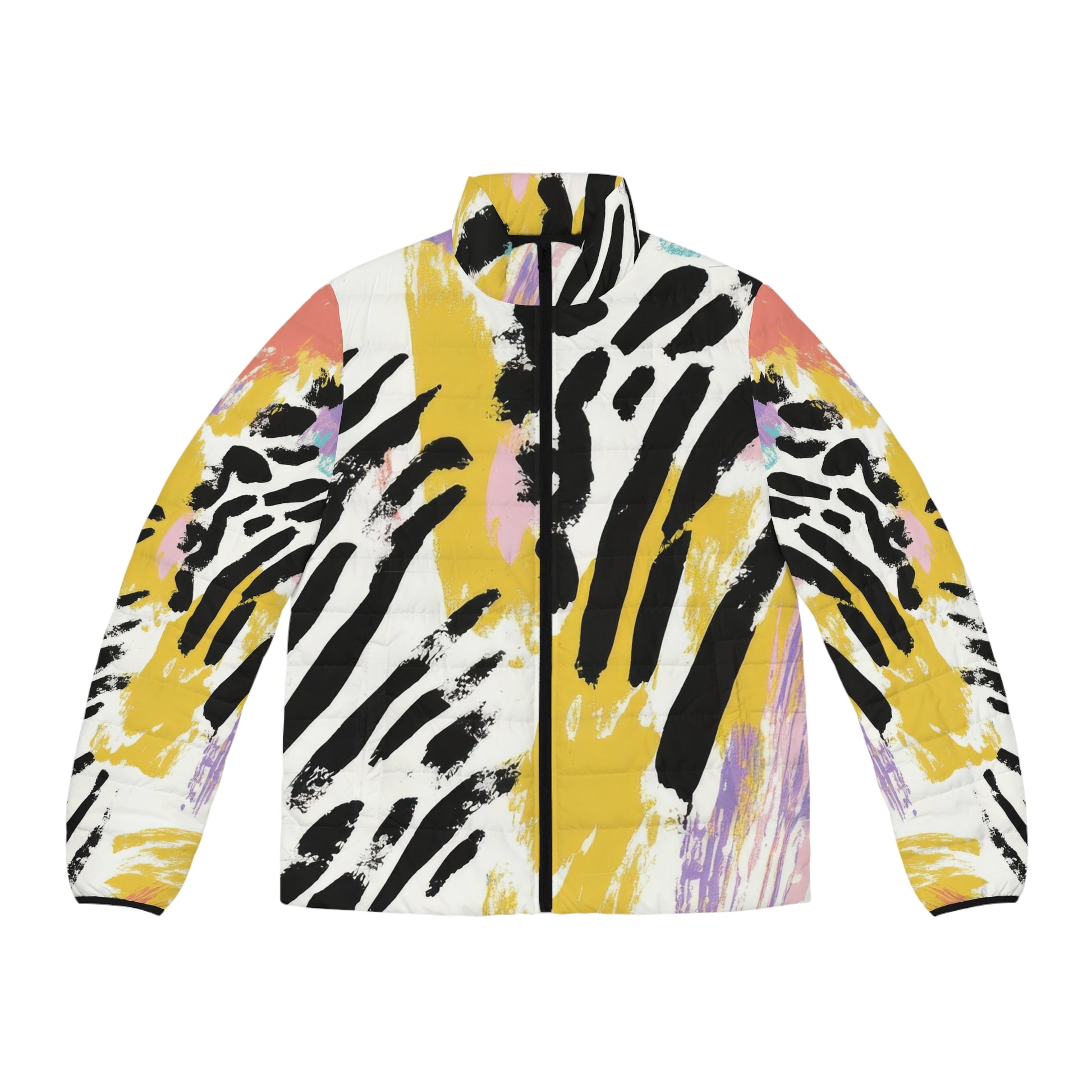 Wild Zebra Stripes x Paint Brush Strokes Multi-Color Men's Puffer Jacket (AOP), Artsulli - Art is Long, Life is Short, All Over Prints, Size, S, Color, Black zipper, , , 15912507694389
