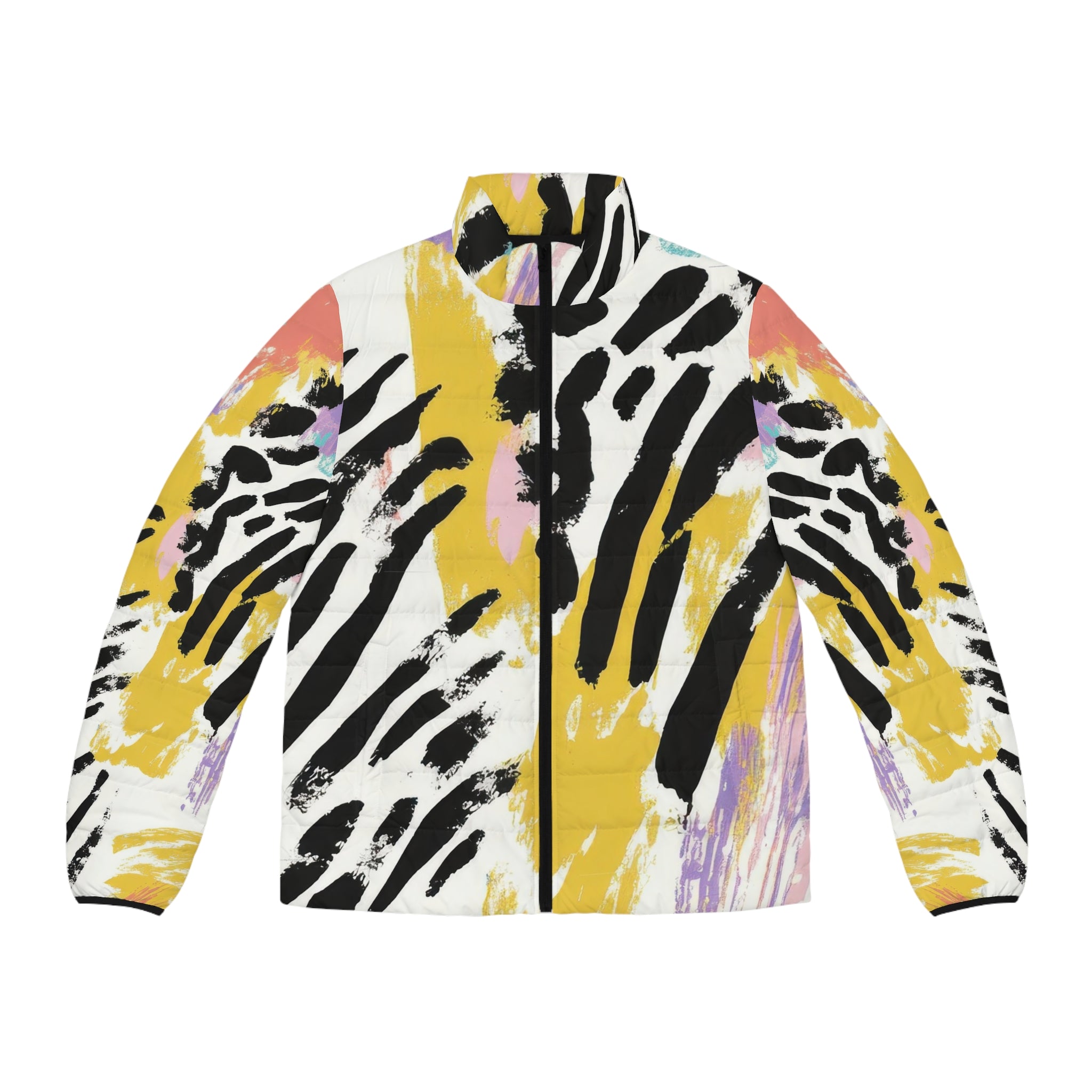 Wild Zebra Stripes x Paint Brush Strokes Multi-Color Men's Puffer Jacket (AOP), Artsulli - Art is Long, Life is Short, All Over Prints, Size, S, Color, Black zipper, , , 15912507694389