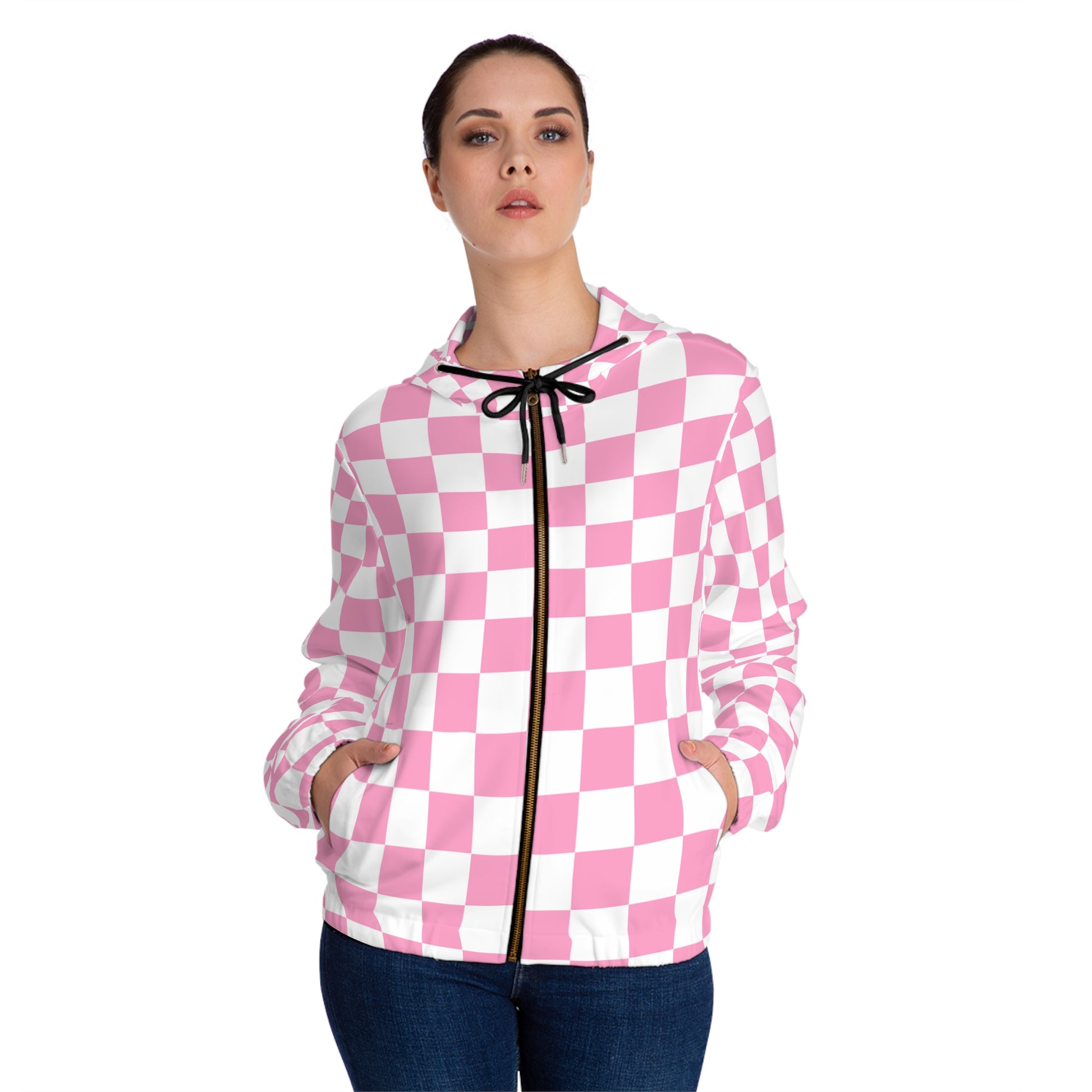 Checkerboard Hot Pink and White Women’s Full-Zip Hoodie (AOP), Artsulli - Art is Long, Life is Short, All Over Prints, , , , , , , 