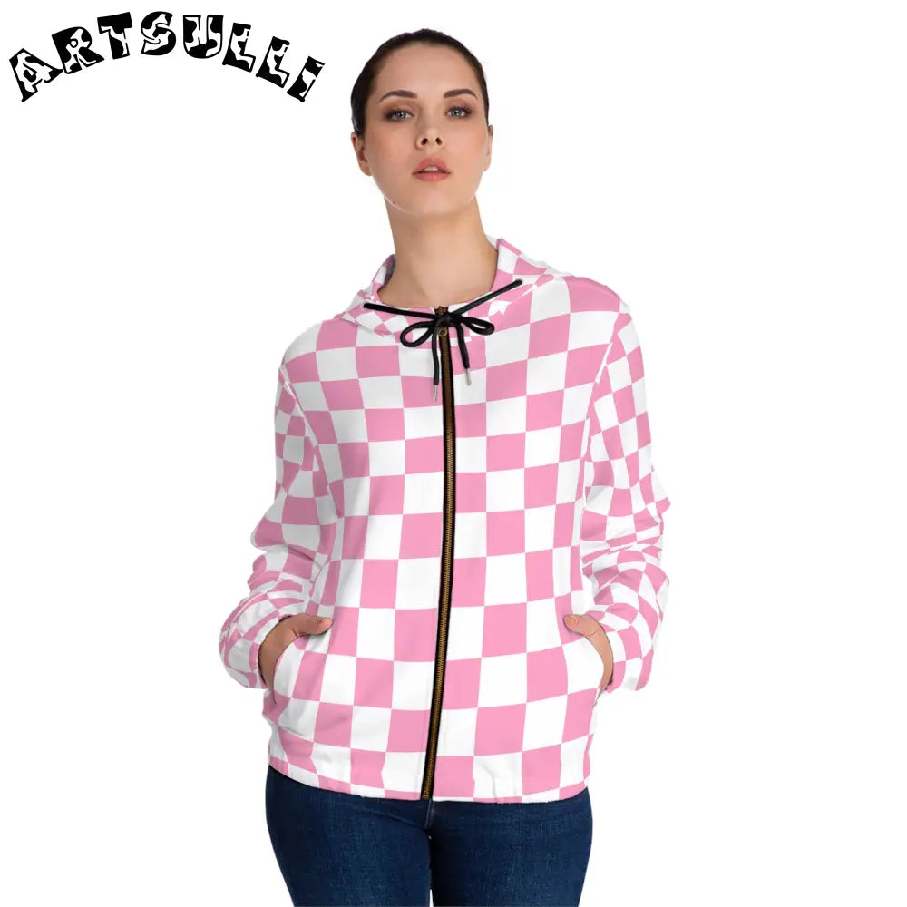 JAKKOUTTHEBXX Checkerboard Hot Pink and White Women’s Full-Zip