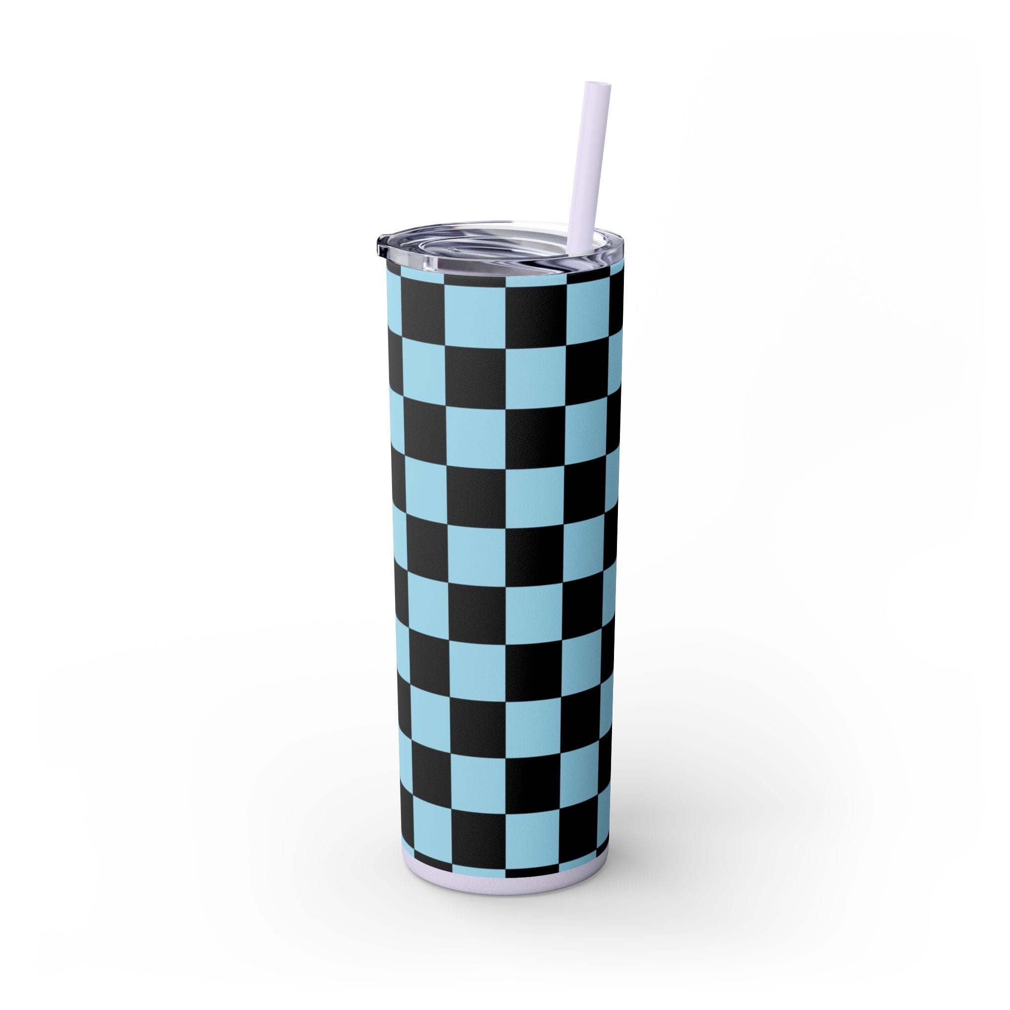 Checkerboard Black and Blue Skinny Tumbler with Straw, 20oz, Artsulli - Art is Long, Life is Short, Mug, , , , , , , 