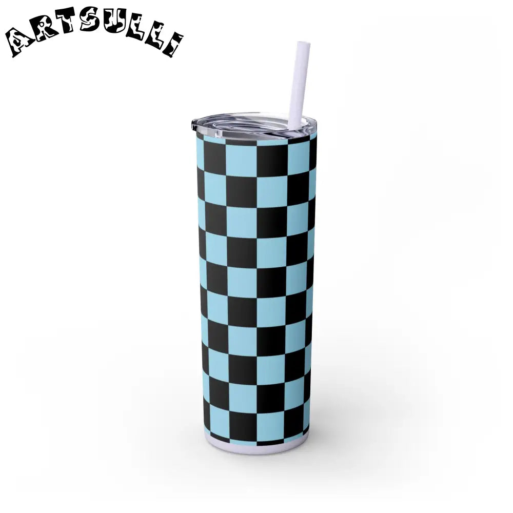 JAKKOUTTHEBXX Checkerboard Black and Blue Skinny Tumbler with Straw