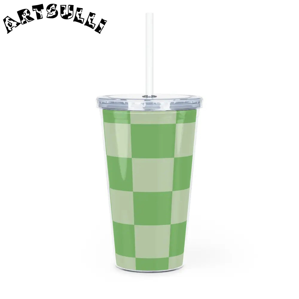 JAKKOUTTHEBXX Checkerboard Green Plastic Tumbler with Straw