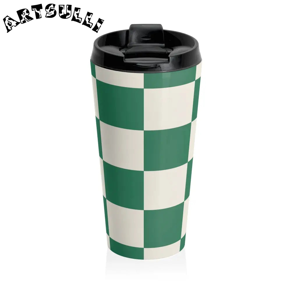 JAKKOUTTHEBXX Checkerboard Dark Green Stainless Steel Travel Mug