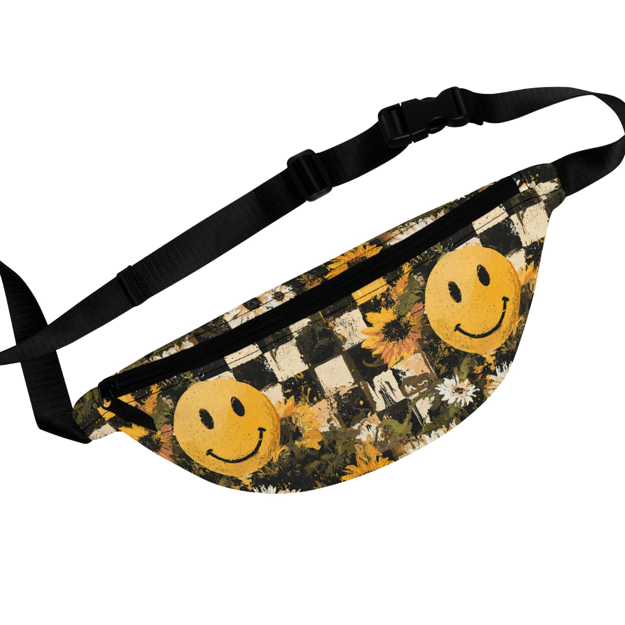 Smiley Face x Checkerboard x Sunflowers x Trippy x Vintage Black and Yellow Fanny Pack, Artsulli - Art is Long, Life is Short, Bags, Size, One size, , , , , 52776250631441958688