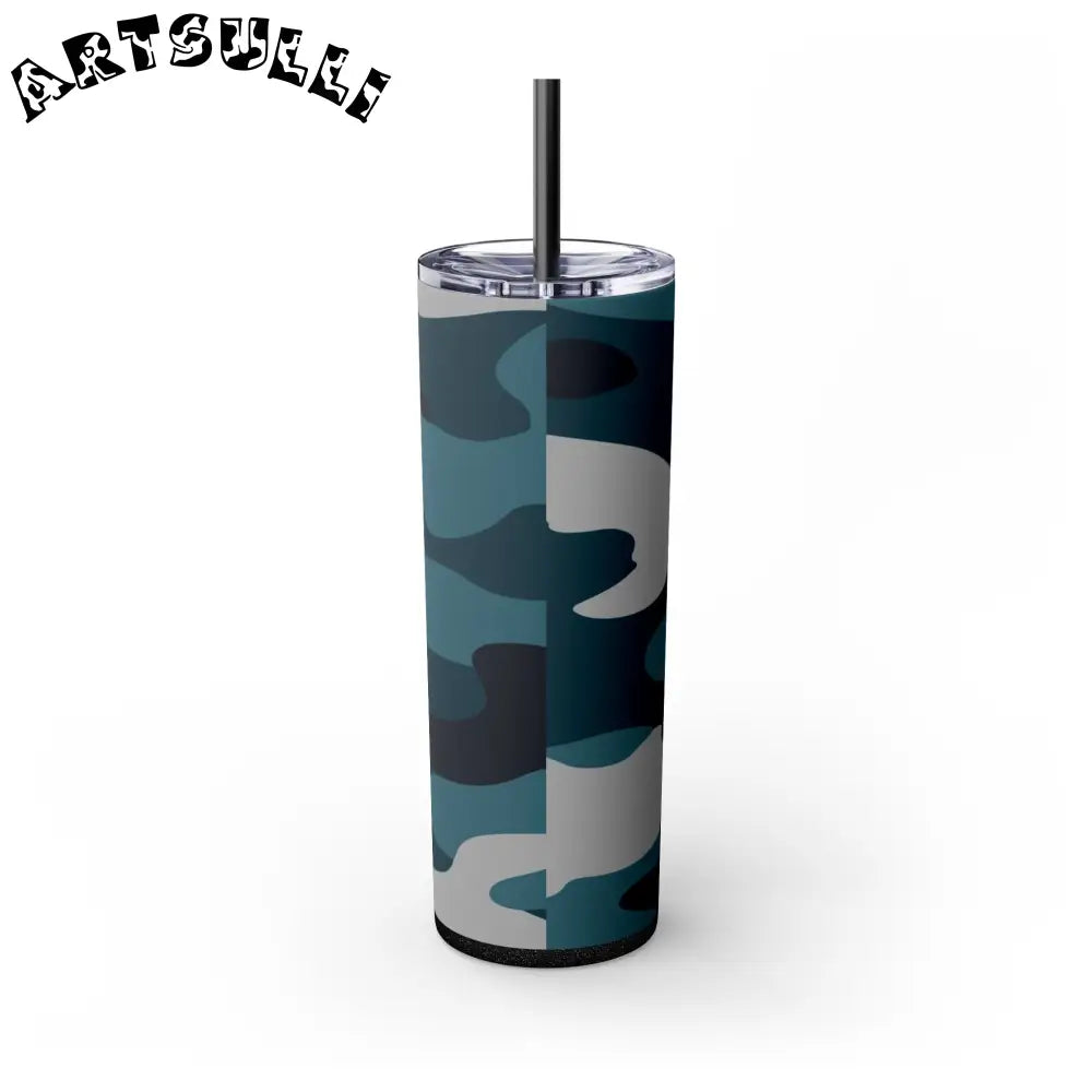 JAKKOUTTHEBXX Blue Camouflage Skinny Tumbler with Straw 20oz