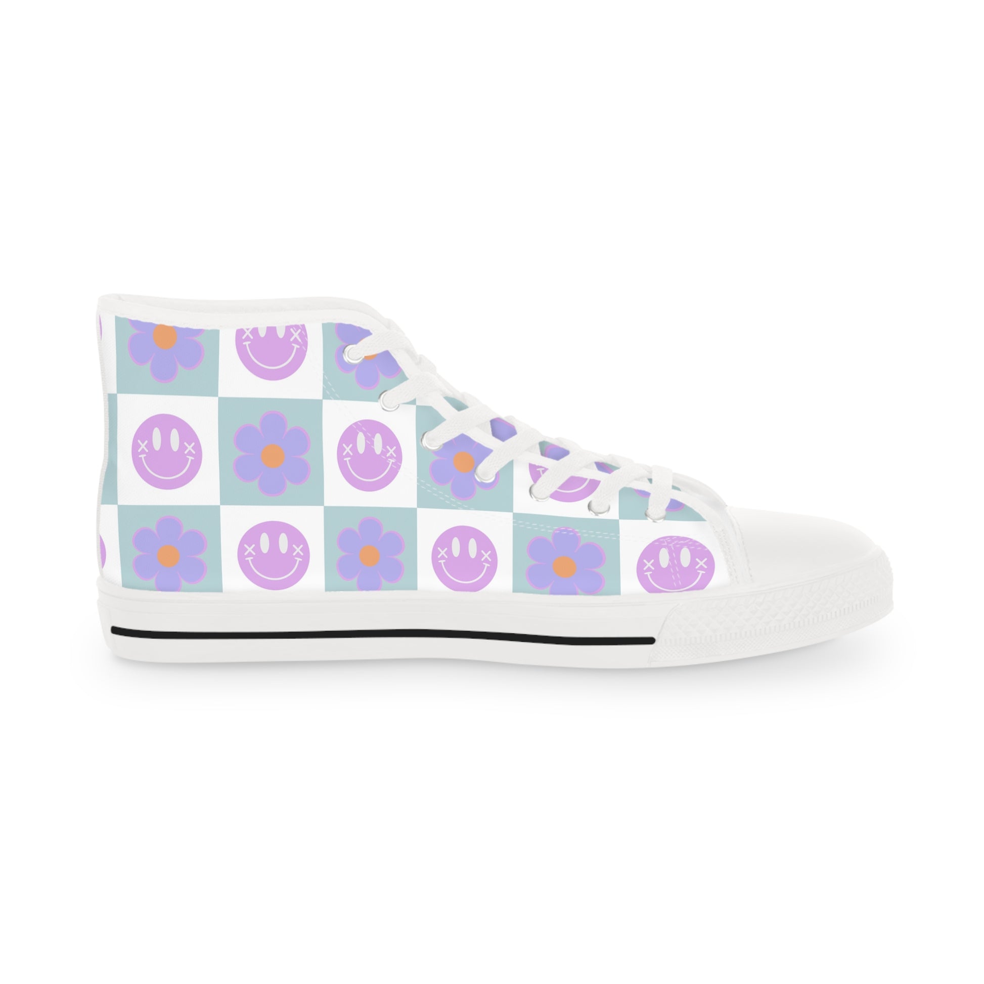 Flower x Smiley Face x Checkerboard Purple Men's High Top Sneakers, Artsulli - Art is Long, Life is Short, Shoes, , , , , , , 