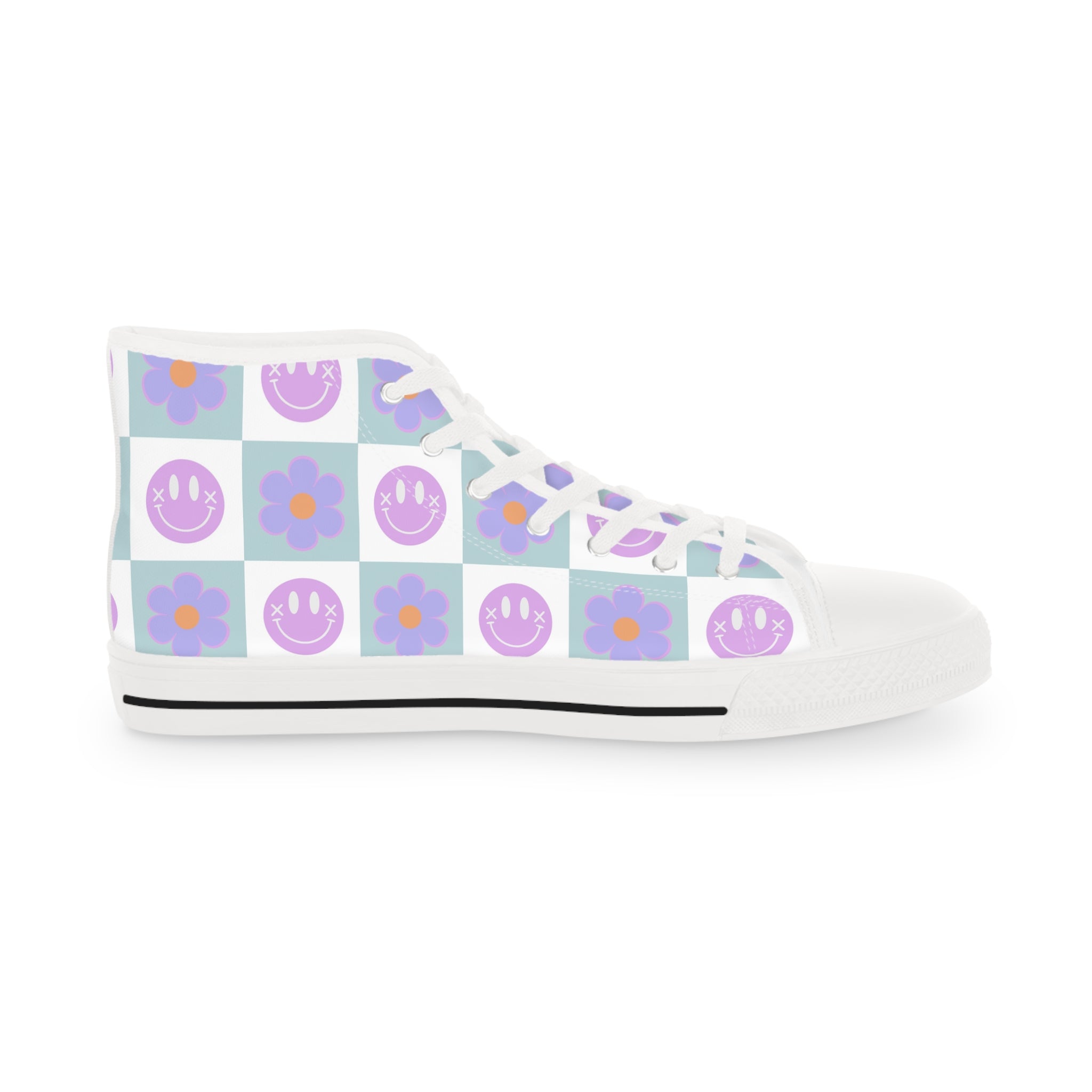 Flower x Smiley Face x Checkerboard Purple Men's High Top Sneakers, Artsulli - Art is Long, Life is Short, Shoes, , , , , , , 