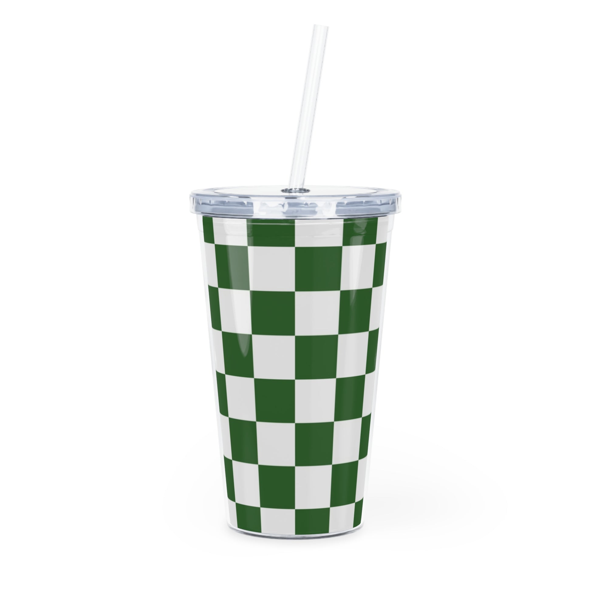 Checkerboard White and Dark Green Plastic Tumbler with Straw, Artsulli - Art is Long, Life is Short, Mug, Size, 20oz, Color, Transparent, , , 22380678334455923954