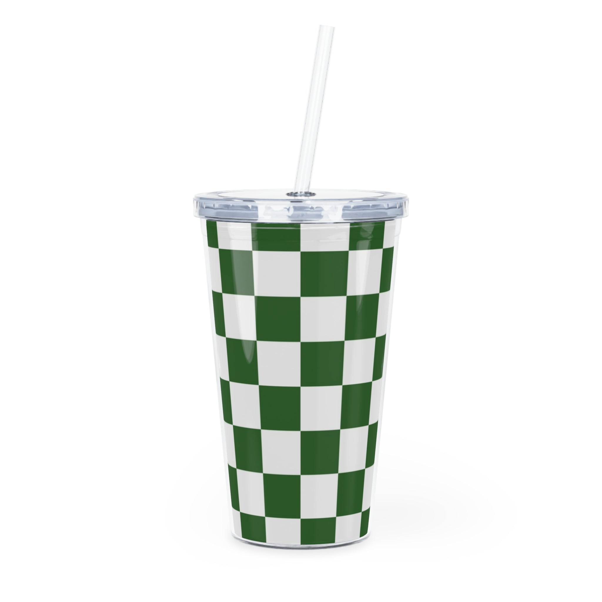 Checkerboard White and Dark Green Plastic Tumbler with Straw, Artsulli - Art is Long, Life is Short, Mug, Size, 20oz, Color, Transparent, , , 22380678334455923954
