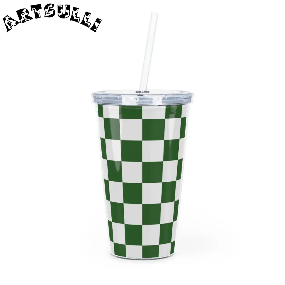 JAKKOUTTHEBXX Checkerboard White and Dark Green Plastic Tumbler