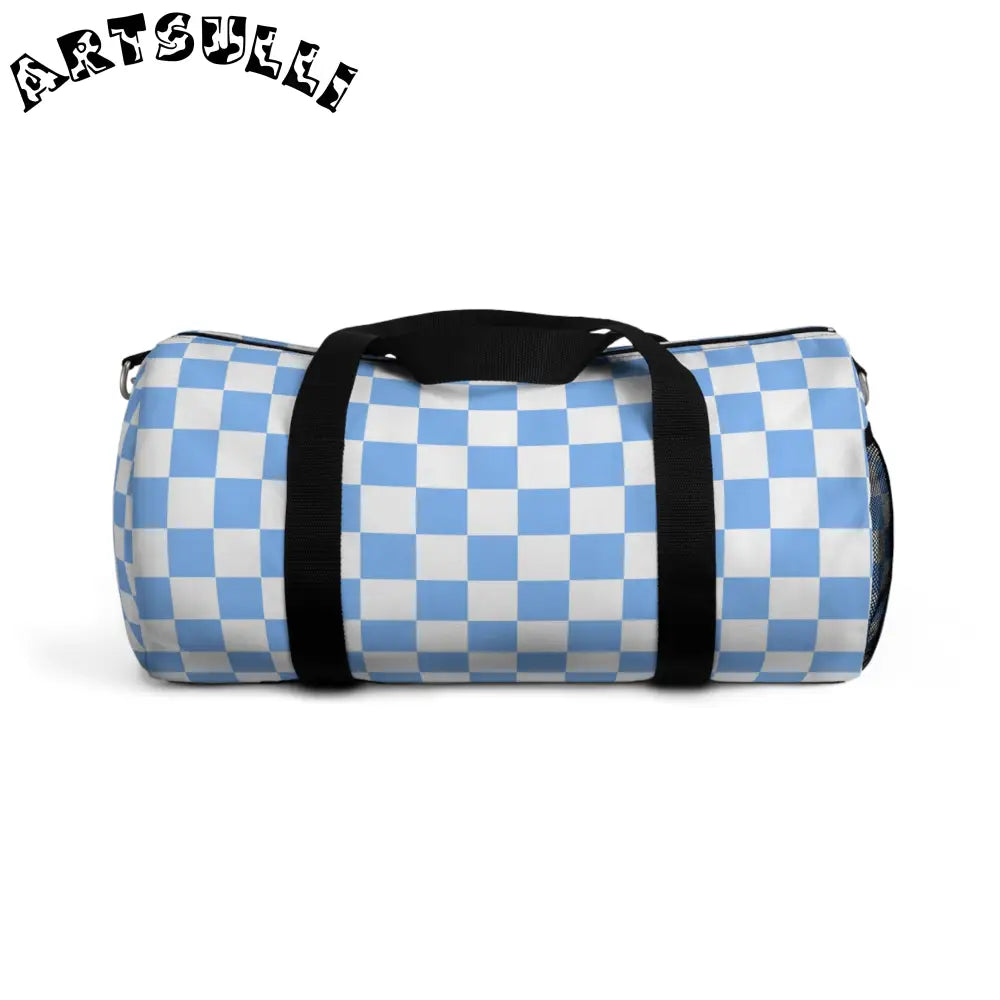 JAKKOUTTHEBXX Checkerboard II White and Light Blue Duffel Bag