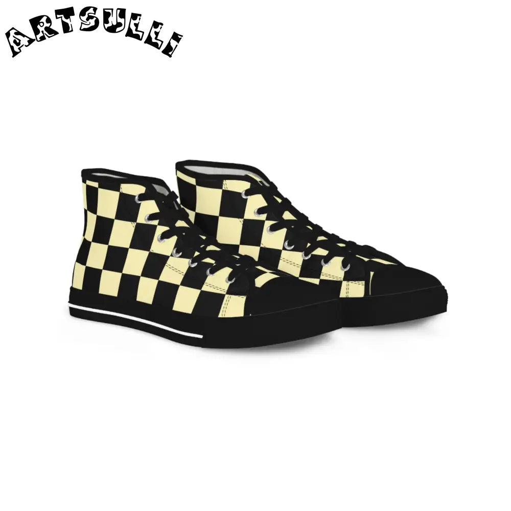 JAKKOUTTHEBXX Checkerboard Black and Yellow Men’s High Top Sneakers