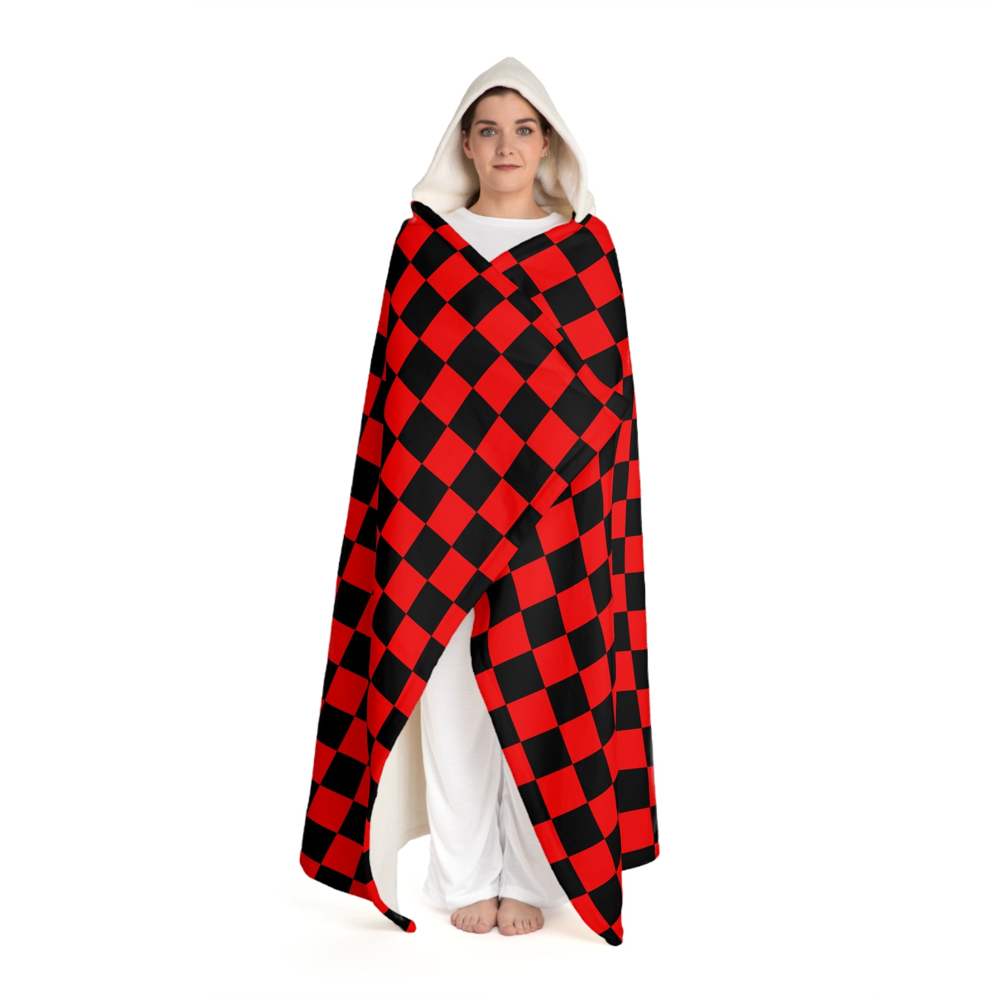 Checkerboard II Red and Black Hooded Sherpa Fleece Blanket, Artsulli - Art is Long, Life is Short, All Over Prints, , , , , , , 