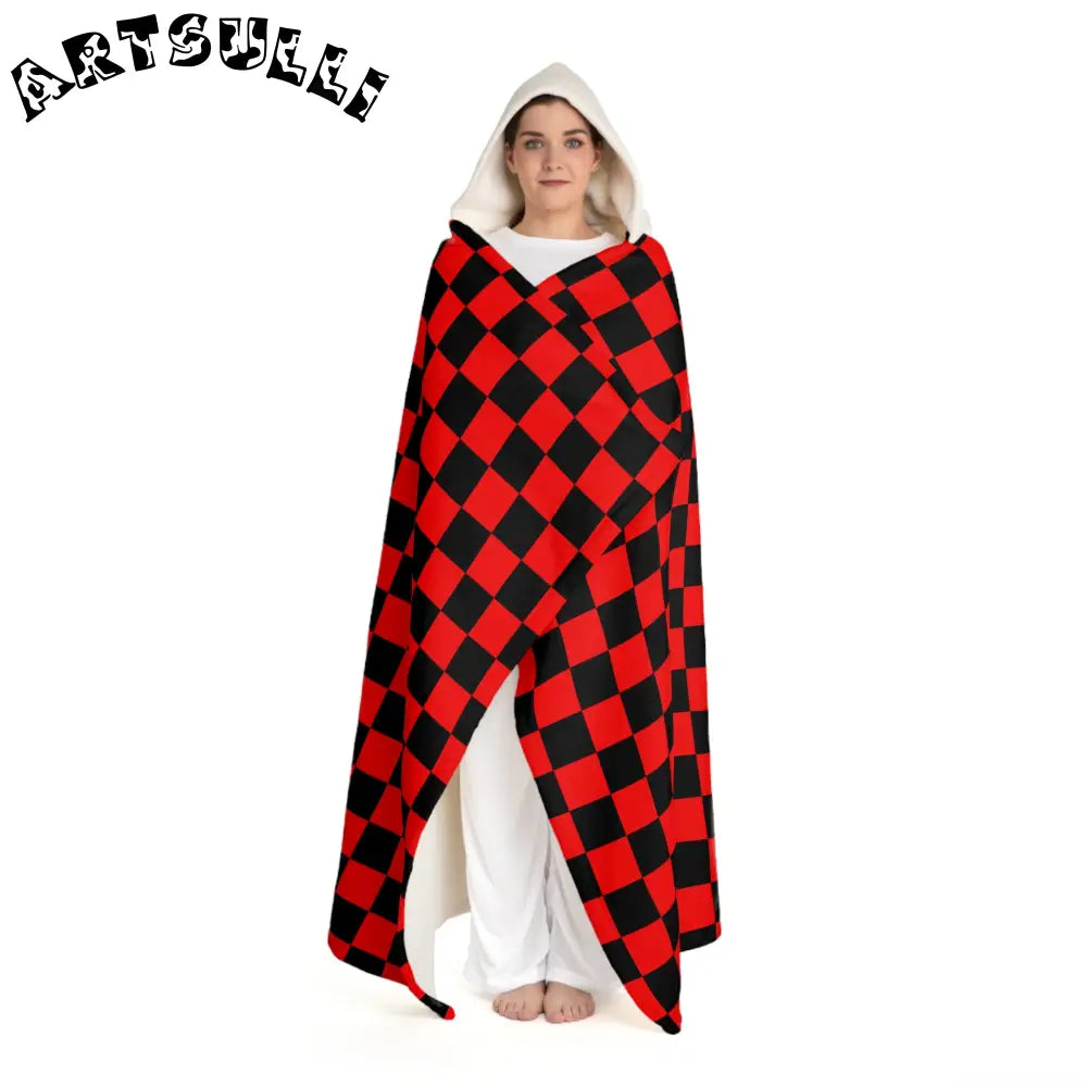 JAKKOUTTHEBXX Checkerboard II Red and Black Hooded Sherpa Fleece