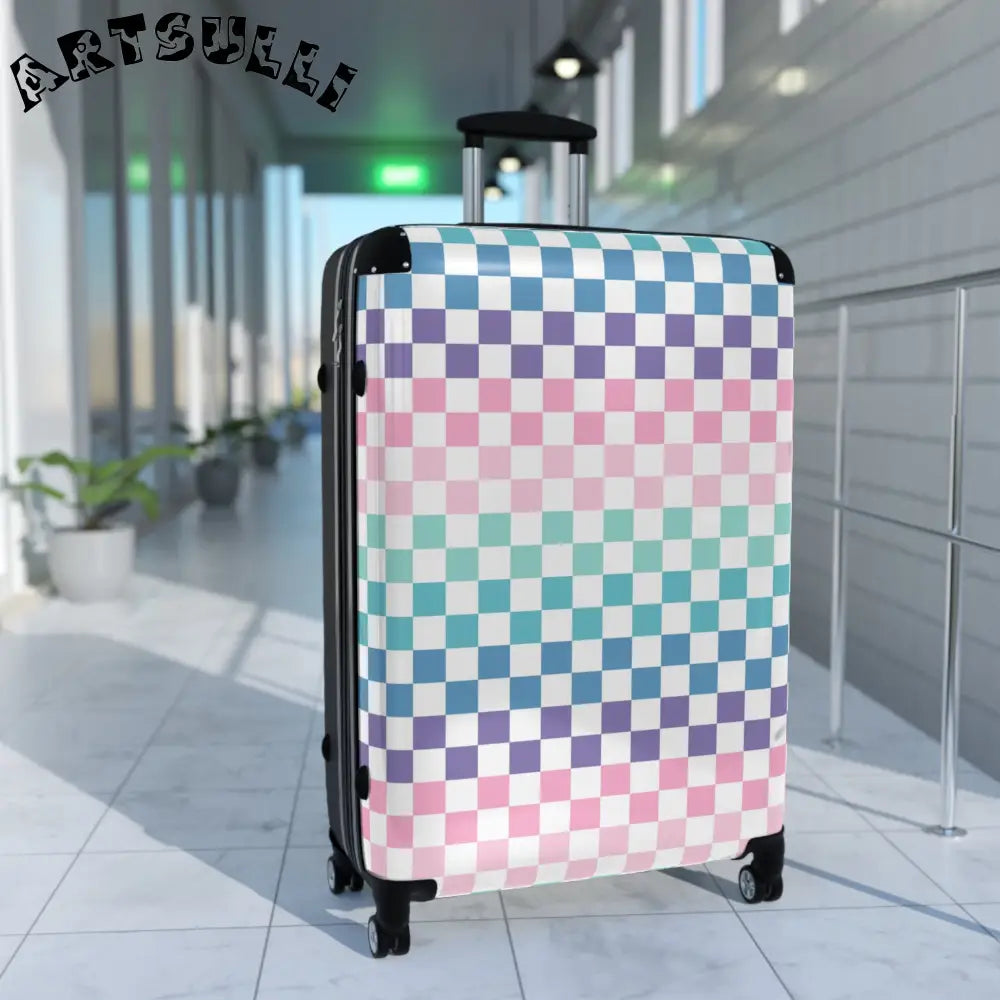 JAKKOUTTHEBXX Vaporwave Rainbow Checkerboard Multi-Color Suitcase