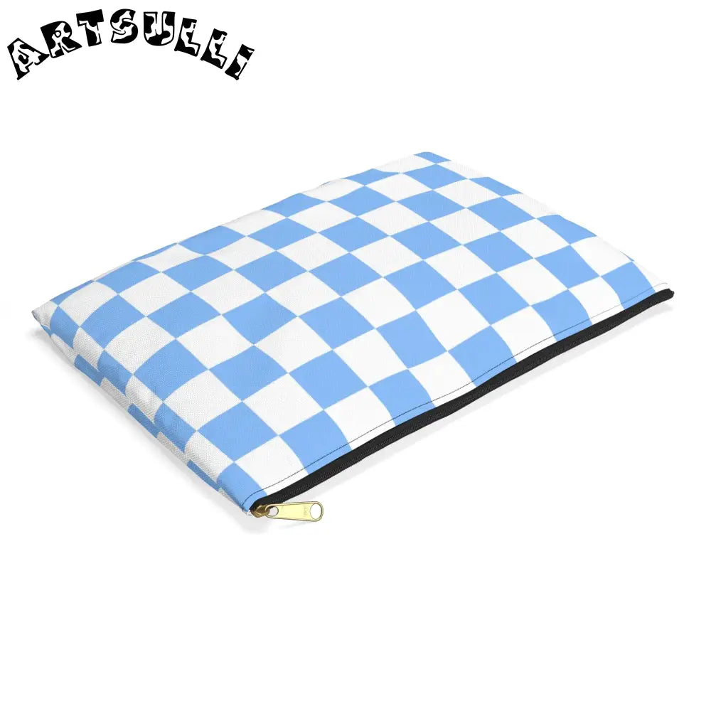 JAKKOUTTHEBXX Checkerboard White and Light Blue Accessory Pouch