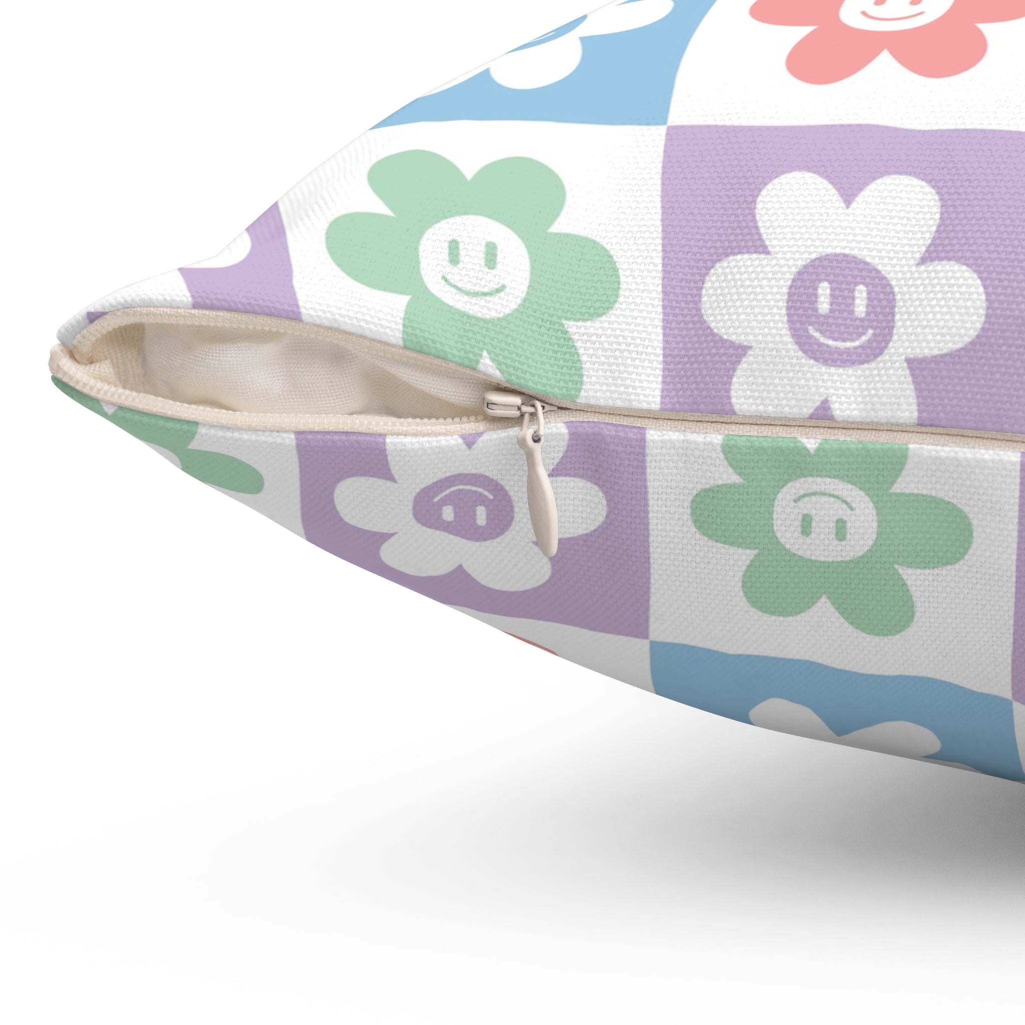 Chessboard x Smiley Face Flowers Multi-Color Spun Polyester Square Pillow, Artsulli - Art is Long, Life is Short, Home Decor, , , , , , , 