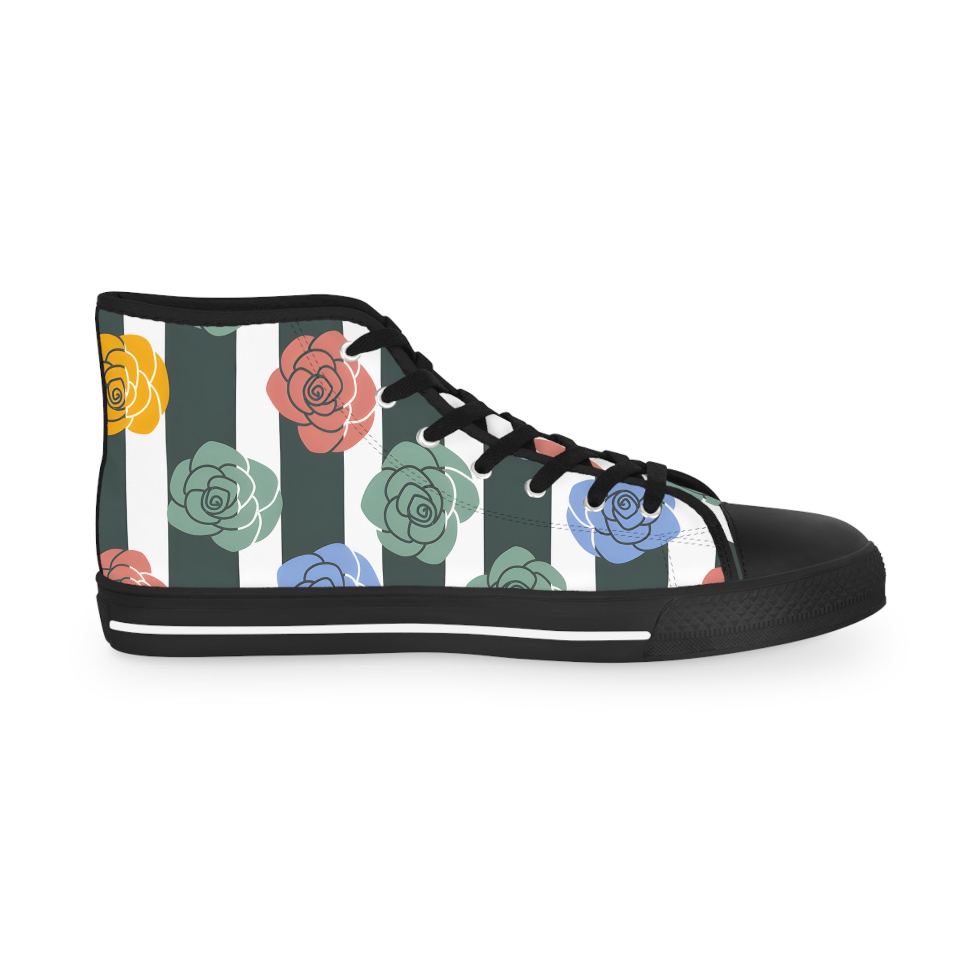 Stripes x Roses Black and White Men's High Top Sneakers, Artsulli - Art is Long, Life is Short, Shoes, , , , , , , 