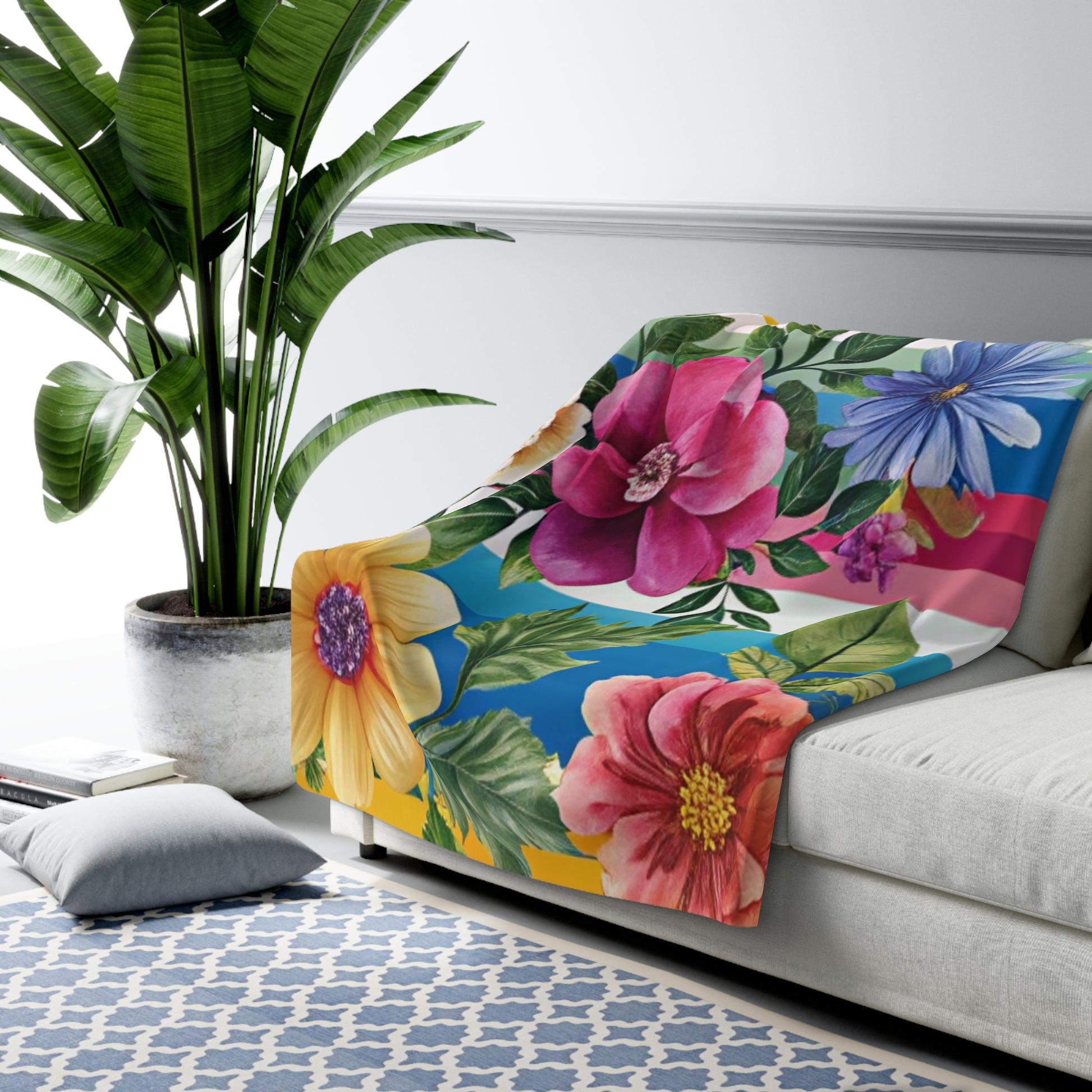 Floral Stripe 4K Sherpa Fleece Blanket, Artsulli - Art is Long, Life is Short, Home Decor, , , , , , , 
