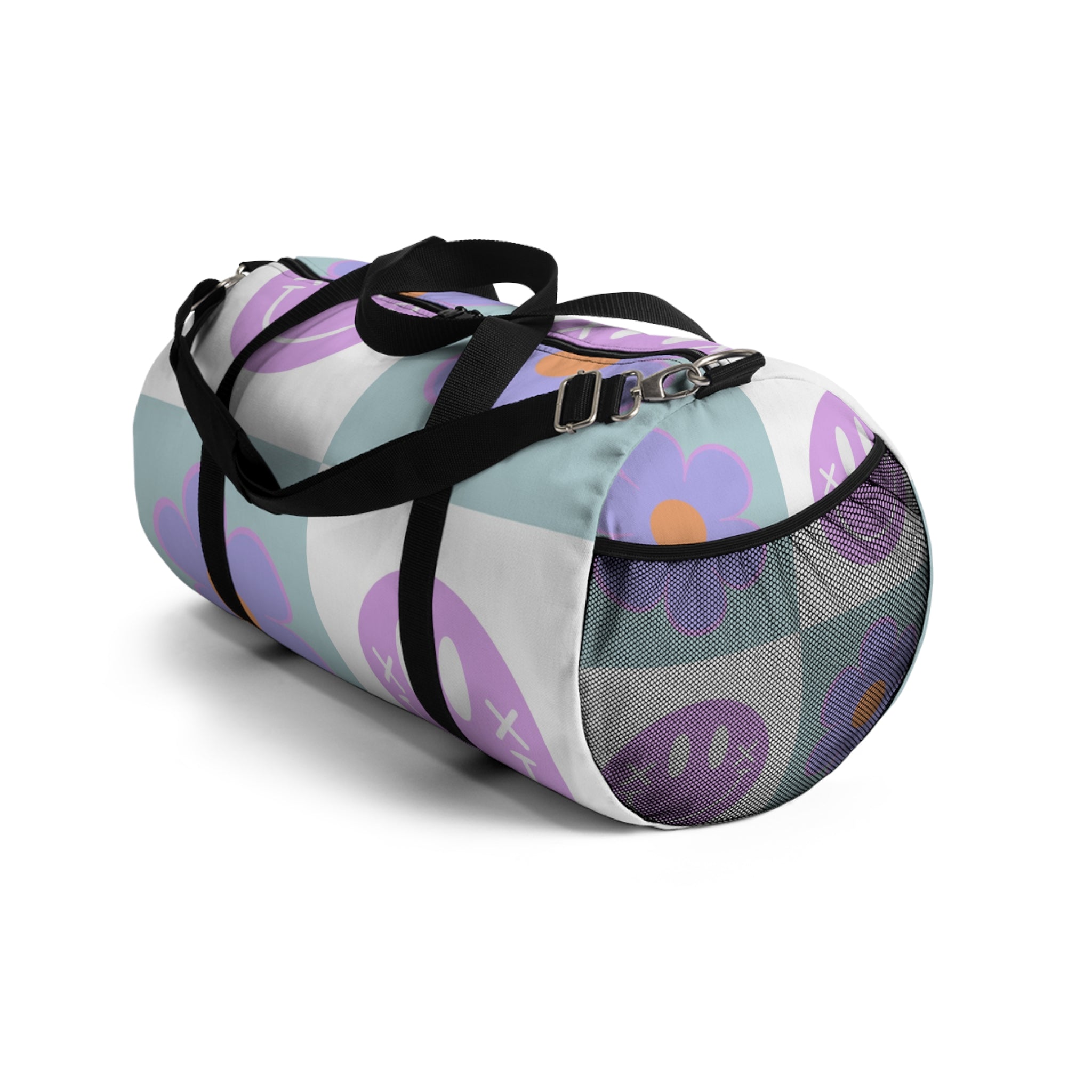 Flower x Smiley Face x Checkerboard Purple Duffel Bag, Artsulli - Art is Long, Life is Short, Bags, , , , , , , 