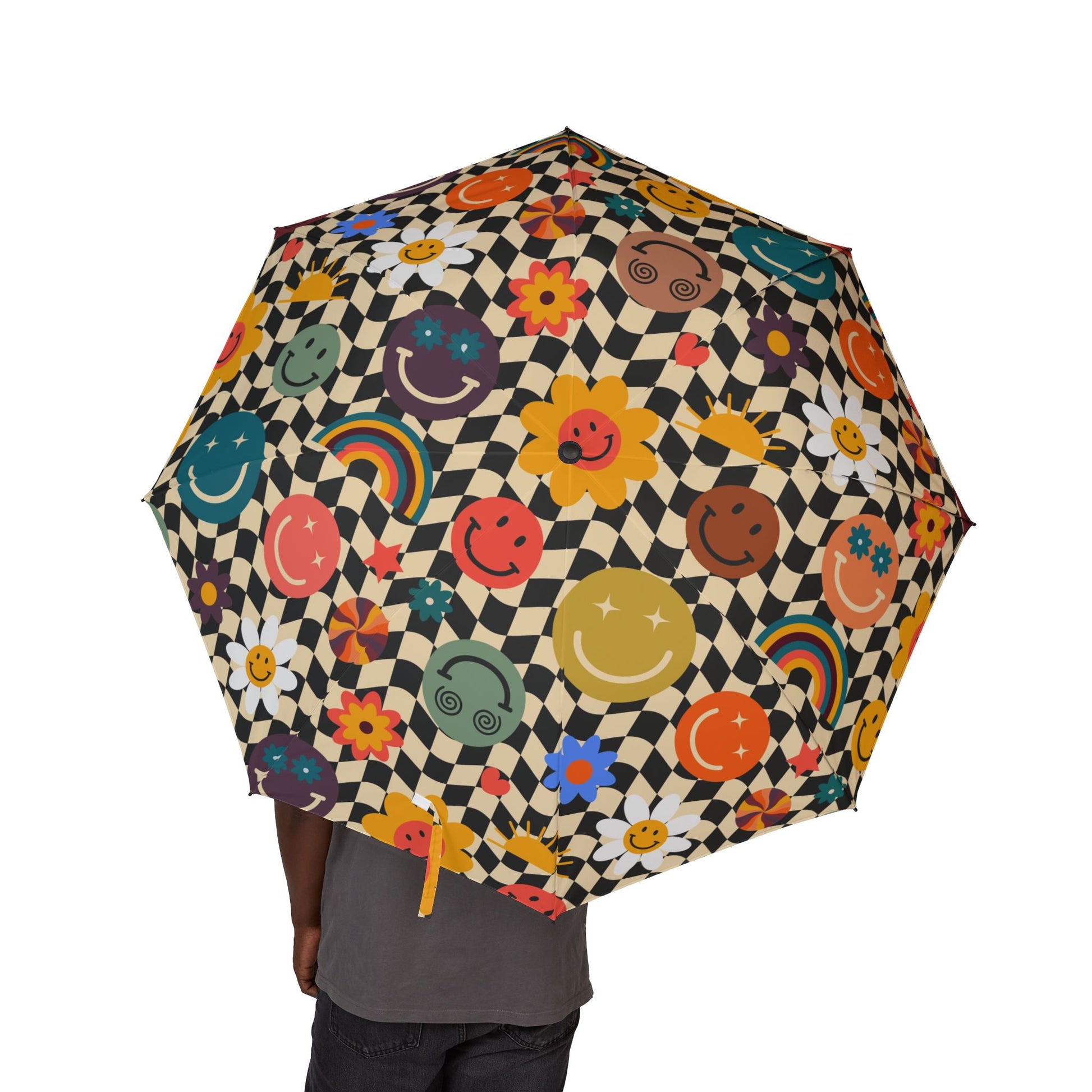 Trippy x Wavy Checkerboard x Smiley Face x Rainbow x Flowers II Multi-Color Semi-Automatic Foldable Umbrella, Artsulli - Art is Long, Life is Short, Accessories, , , , , , , 