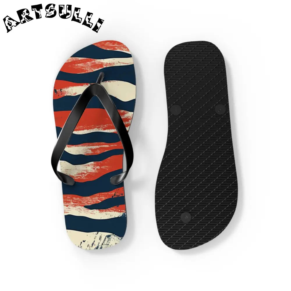 JAKKOUTTHEBXX Red White Blue Abstract Striped Flip Flops
