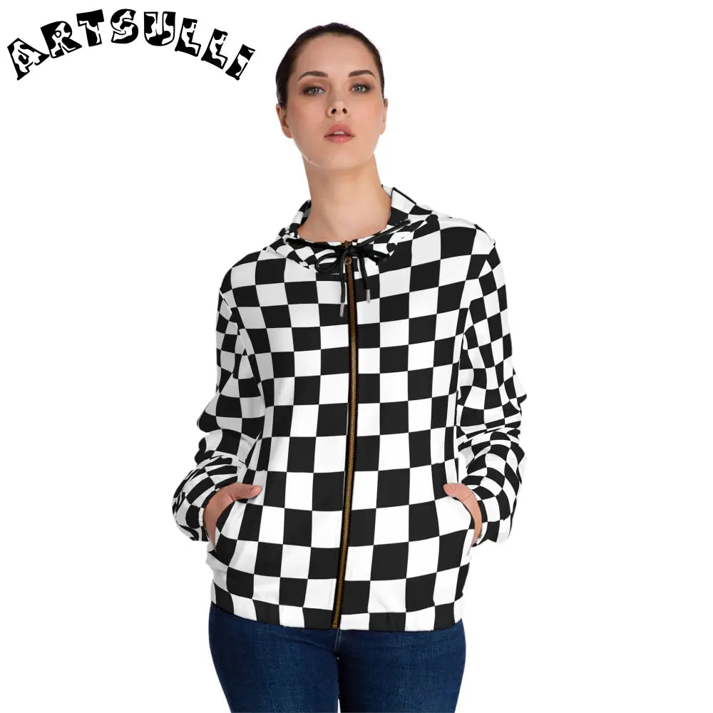 JAKKOUTTHEBXX Checkerboard White and Black Women’s Full-Zip Hoodie