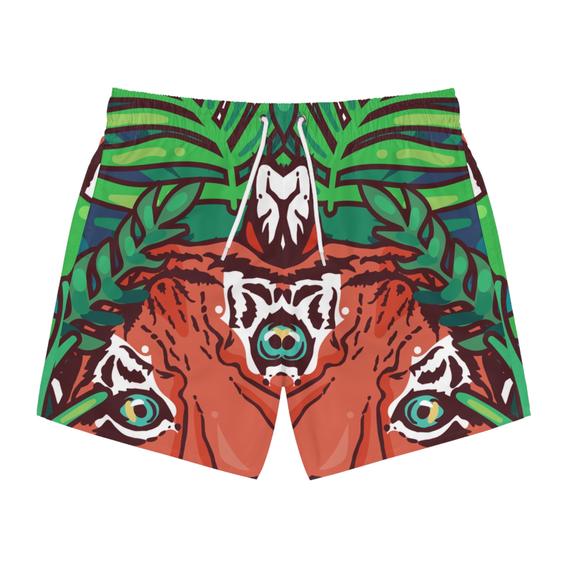 Tropical Jungle Tigers Green and Brown Swim Trunks (AOP), Artsulli - Art is Long, Life is Short, All Over Prints, Size, XS, Color, Seam thread color automatically matched to design, , , 24356390197684022064