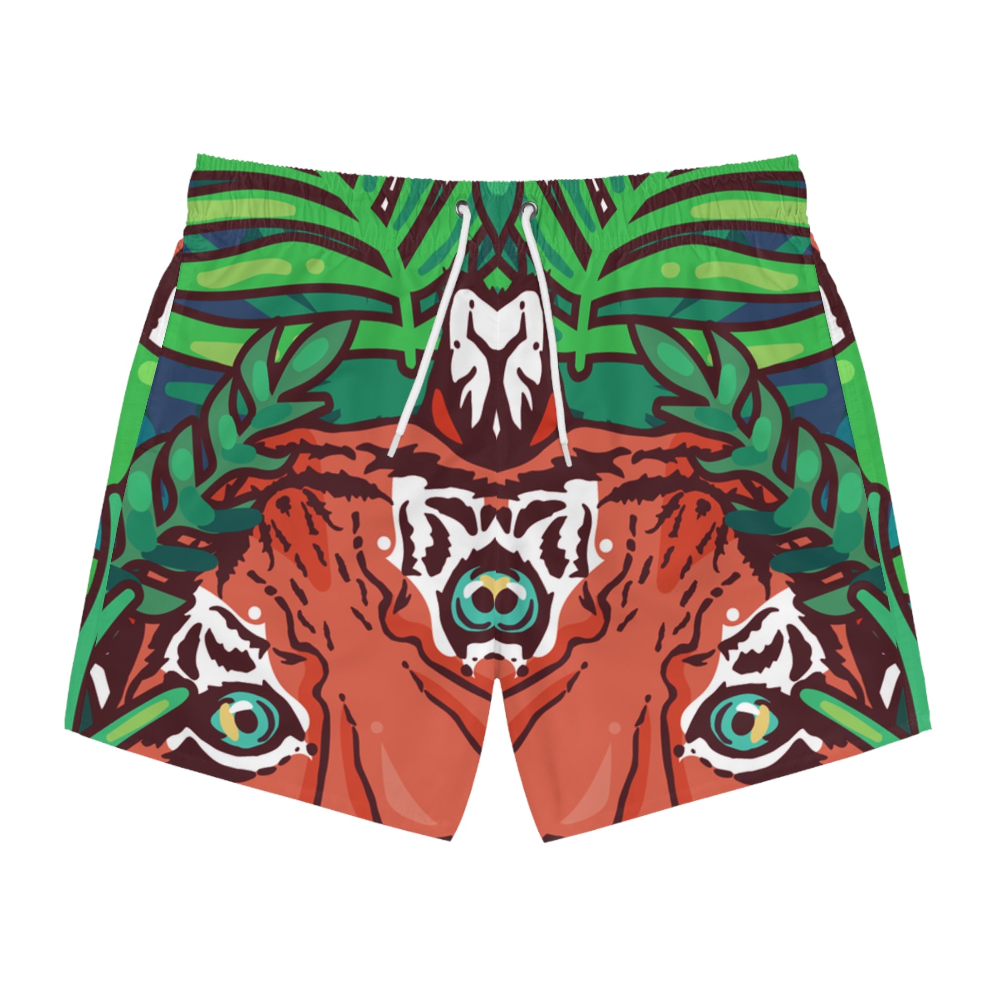 Tropical Jungle Tigers Green and Brown Swim Trunks (AOP), Artsulli - Art is Long, Life is Short, All Over Prints, Size, XS, Color, Seam thread color automatically matched to design, , , 24356390197684022064