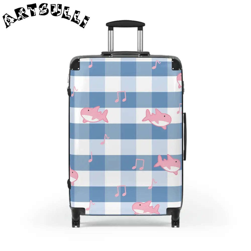 JAKKOUTTHEBXX Checkered Traveling Suitcase with Pink Sharks and Music Notes 2025