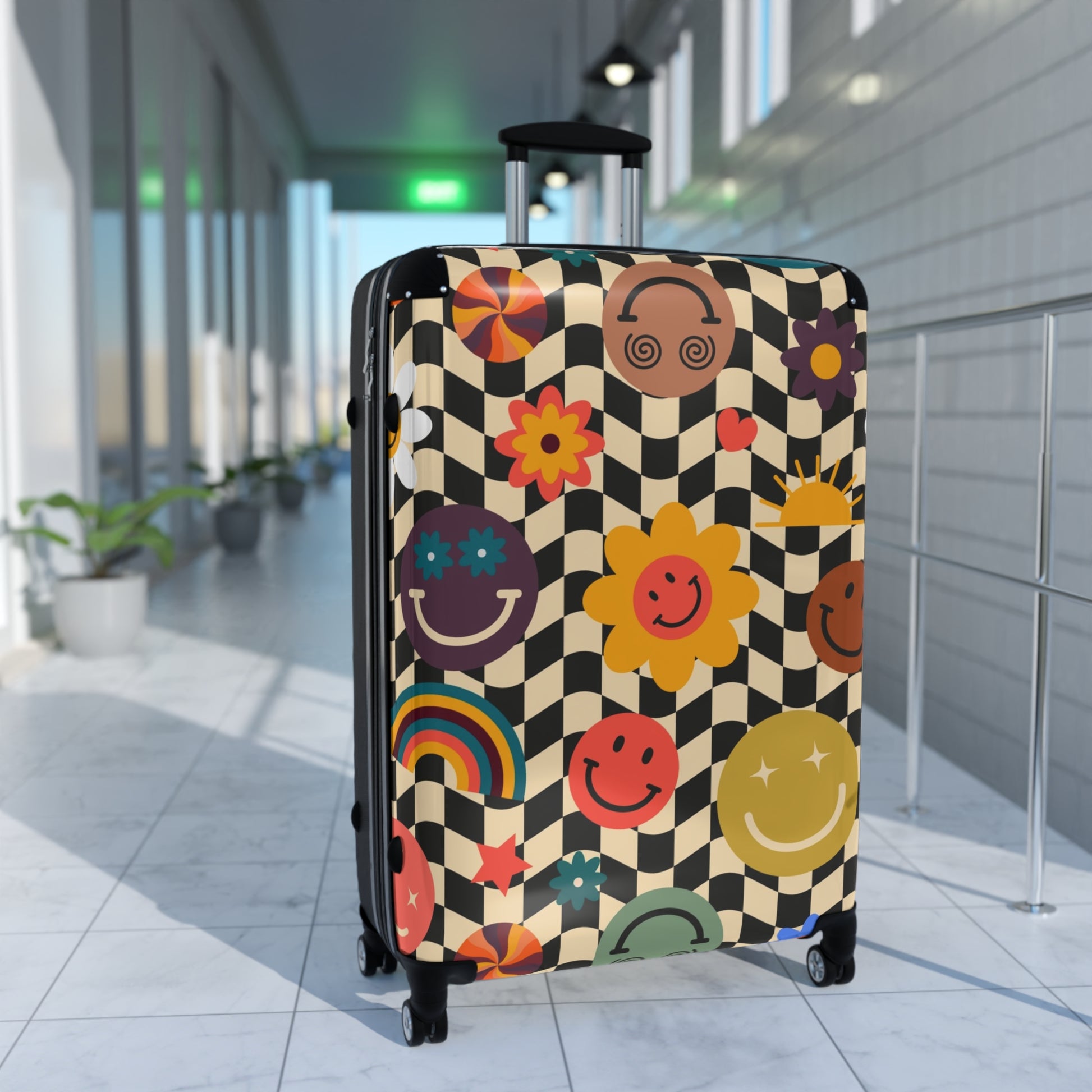 Trippy x Wavy Checkerboard x Smiley Face x Rainbow x Flowers Multi-Color Suitcase, Artsulli - Art is Long, Life is Short, Bags, , , , , , , 