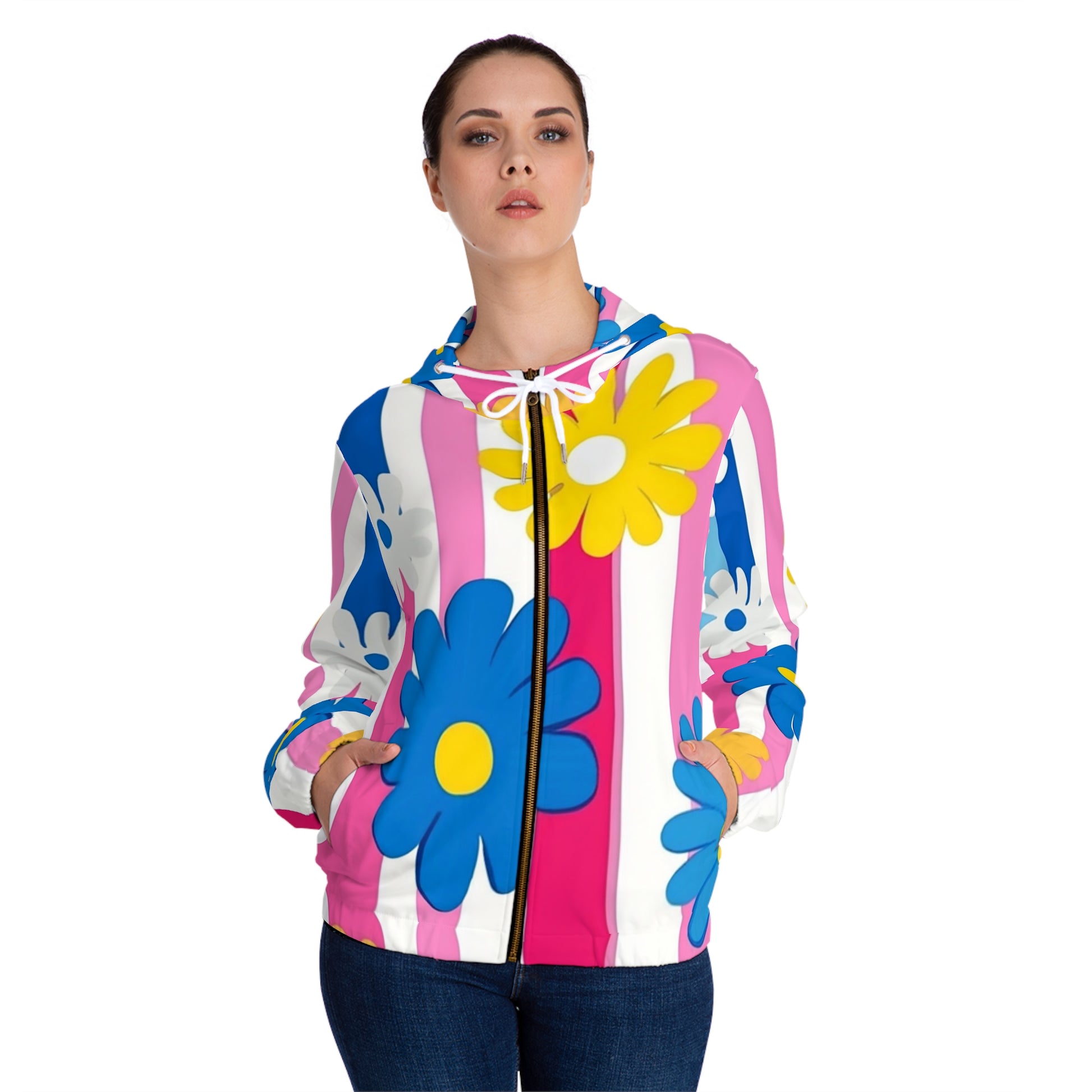 Flowers x Stripes Multi-Color Women’s Full-Zip Hoodie (AOP), Artsulli - Art is Long, Life is Short, All Over Prints, , , , , , , 