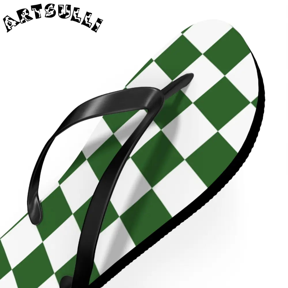 JAKKOUTTHEBXX Checkerboard White and Dark Green Flip Flops