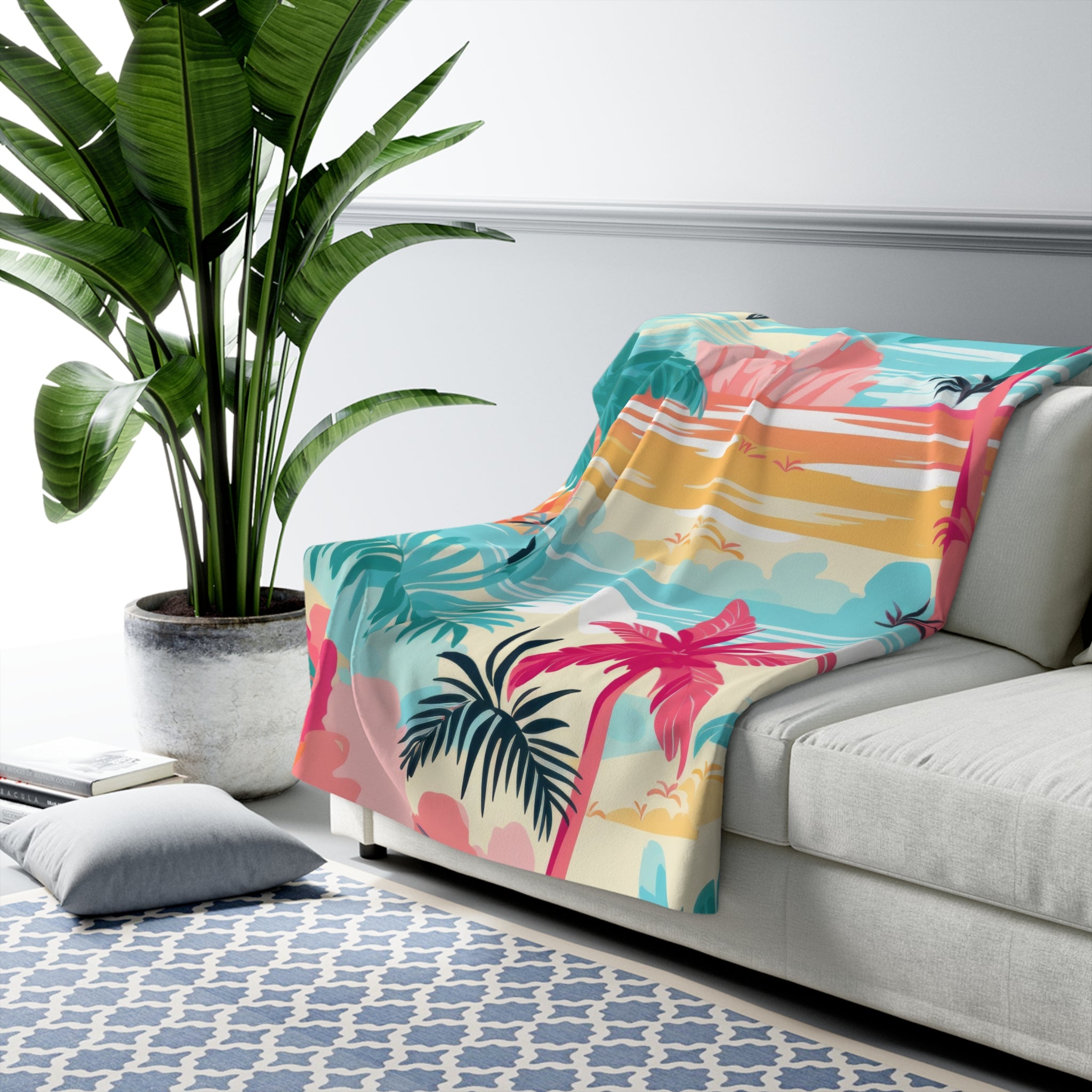 Tropical Palm Beach Paradise Multi-Color Sherpa Fleece Blanket, Artsulli - Art is Long, Life is Short, Home Decor, , , , , , , 
