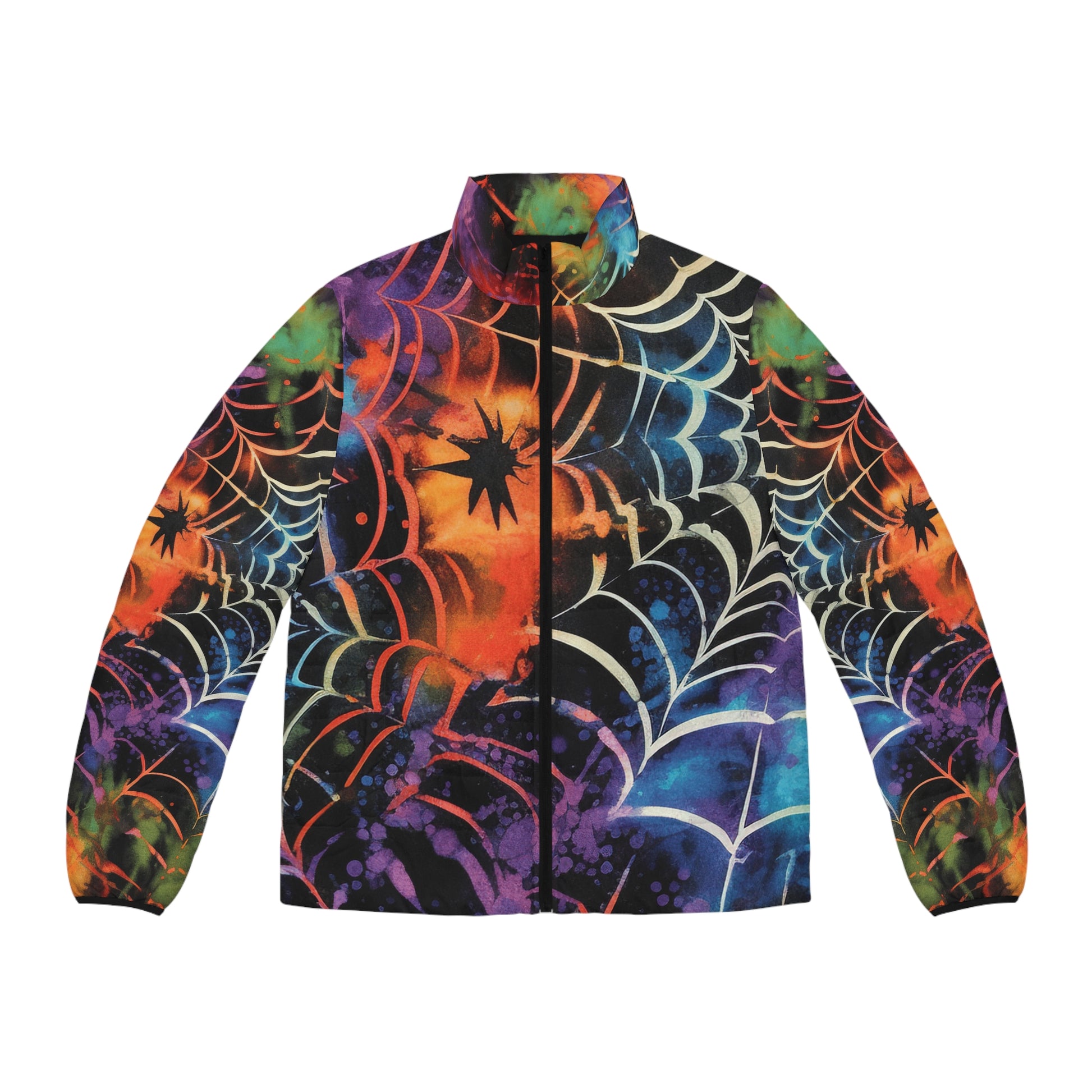 Spider Web Tie Dye Men's Puffer Jacket (AOP), Artsulli - Art is Long, Life is Short, All Over Prints, Size, S, Color, Black zipper, , , 22382053953281405111
