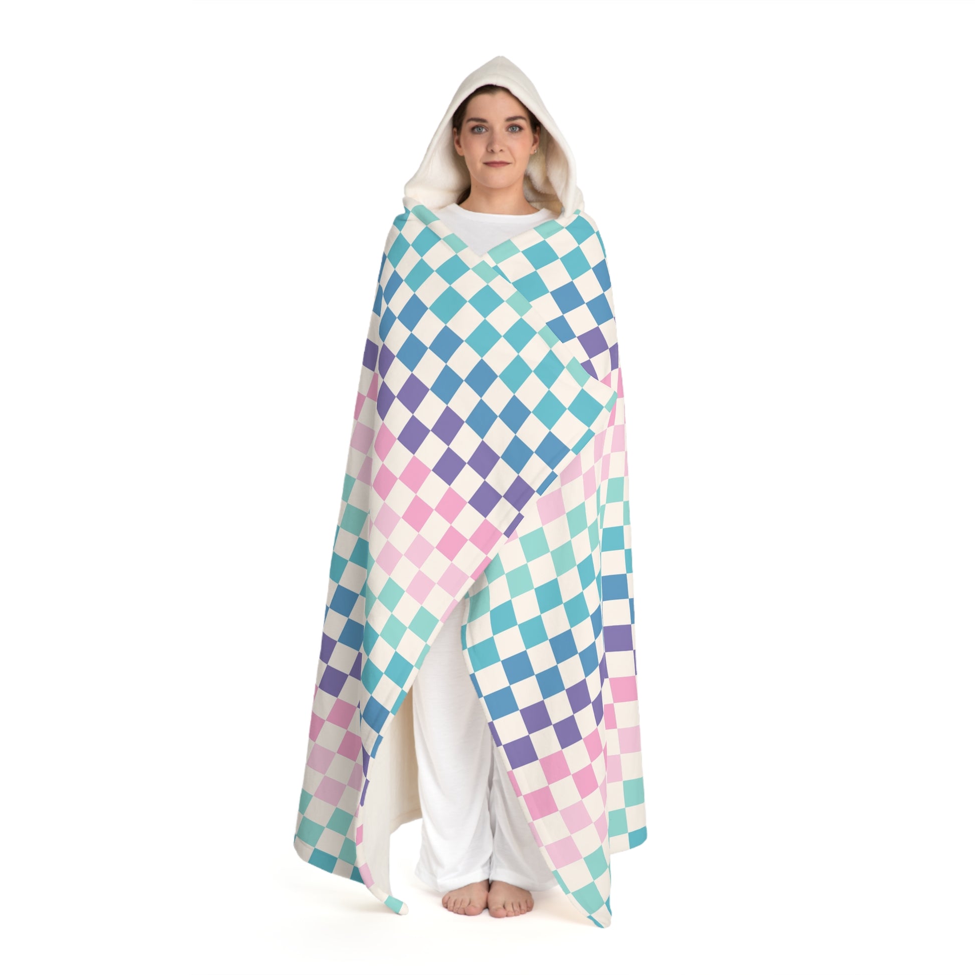 Vaporwave Rainbow  Checkerboard II Multi-Color Hooded Sherpa Fleece Blanket, Artsulli - Art is Long, Life is Short, All Over Prints, , , , , , , 