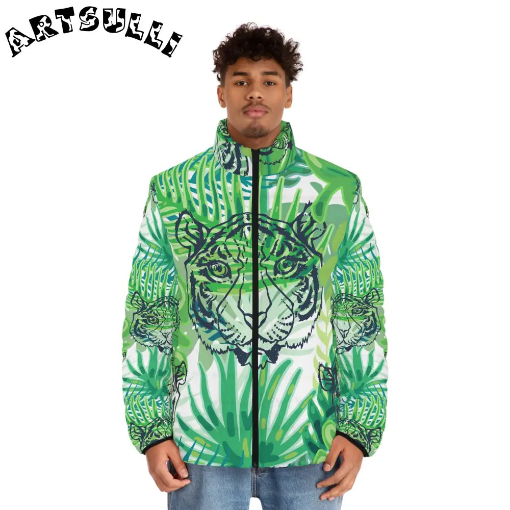 JAKKOUTTHEBXX Tropical Jungle Tigers Green Men’s Puffer Jacket (AOP)