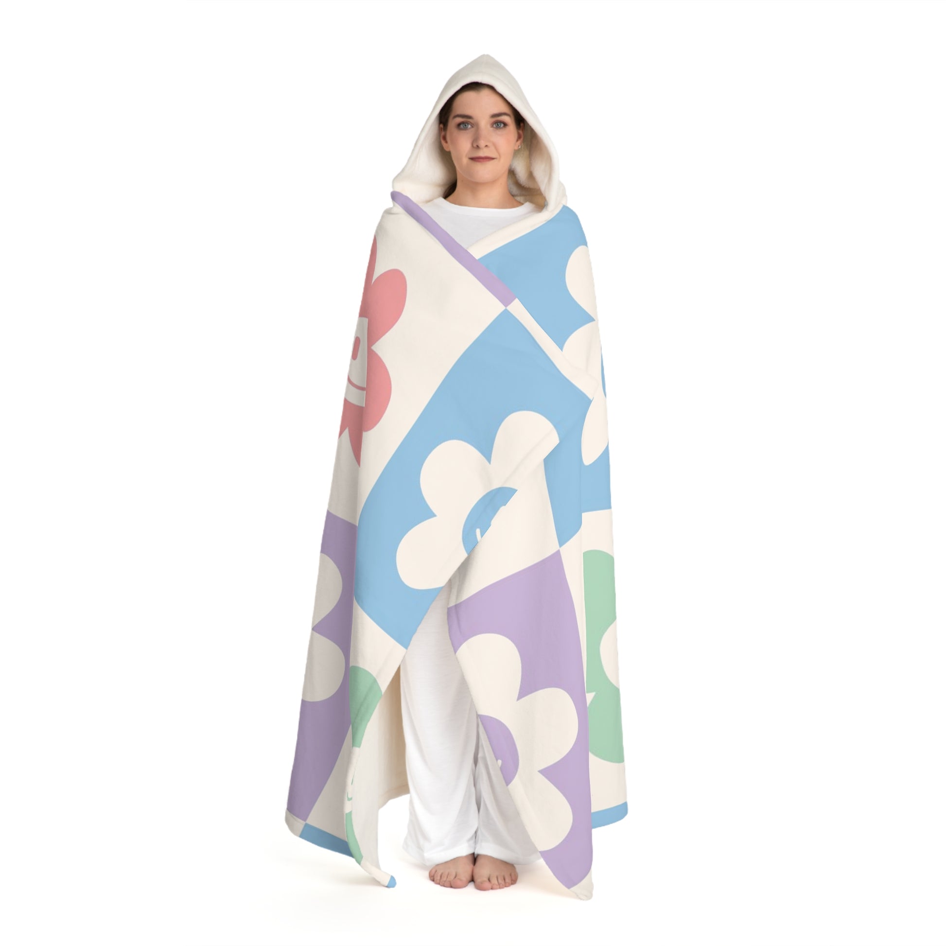 Chessboard x Smiley Face Flowers Multi-Color Hooded Sherpa Fleece Blanket, Artsulli - Art is Long, Life is Short, All Over Prints, , , , , , , 