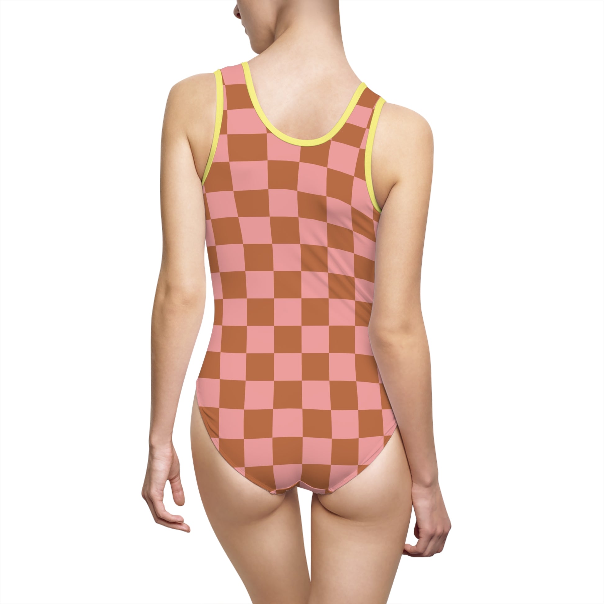 Chessboard Pink and Brown Women's Classic One-Piece Swimsuit (AOP), Artsulli - Art is Long, Life is Short, All Over Prints, , , , , , , 