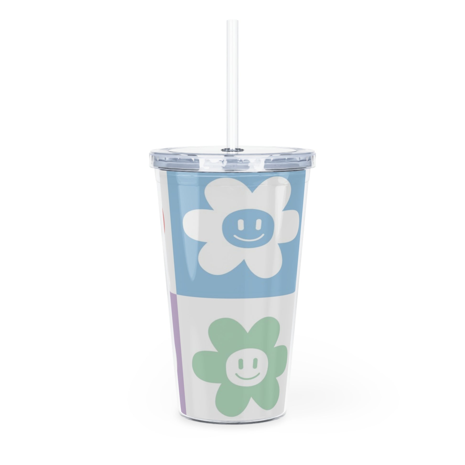 Chessboard x Smiley Face Flowers Multi-Color Plastic Tumbler with Straw, Artsulli - Art is Long, Life is Short, Mug, , , , , , , 