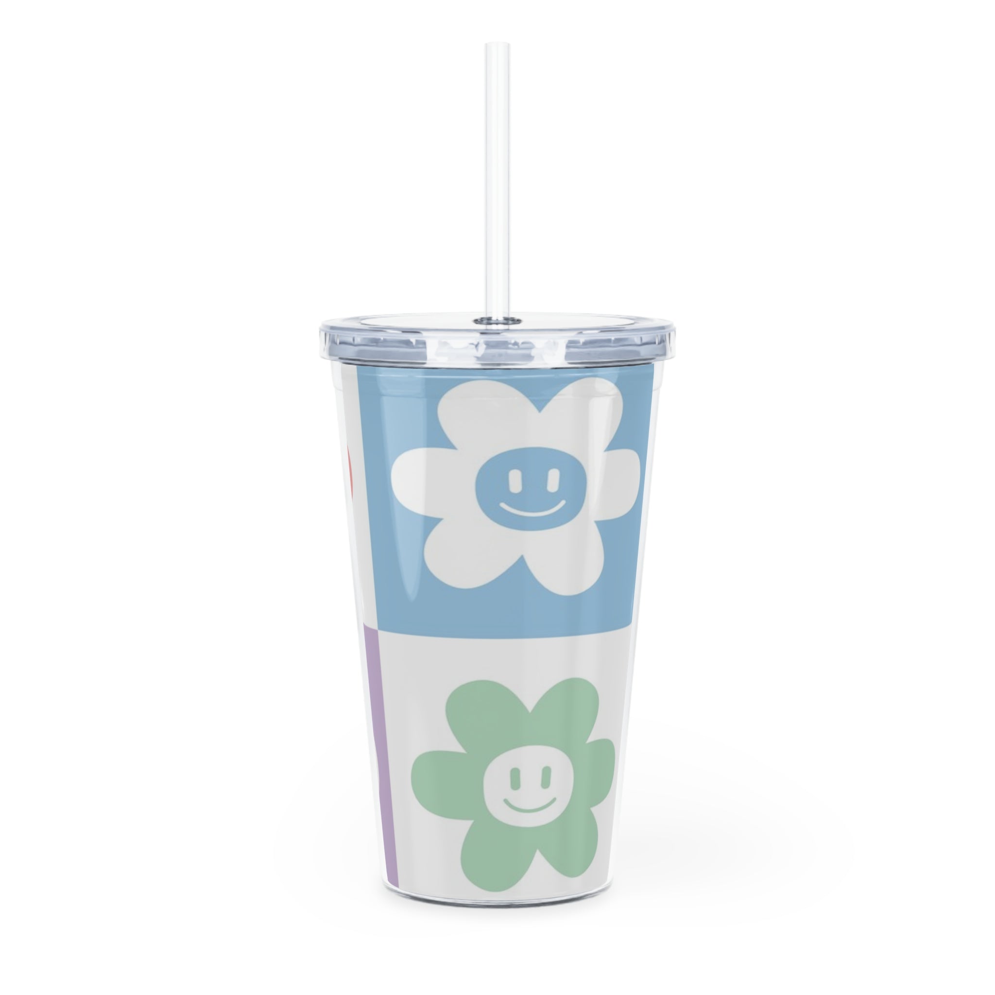 Chessboard x Smiley Face Flowers Multi-Color Plastic Tumbler with Straw, Artsulli - Art is Long, Life is Short, Mug, , , , , , , 