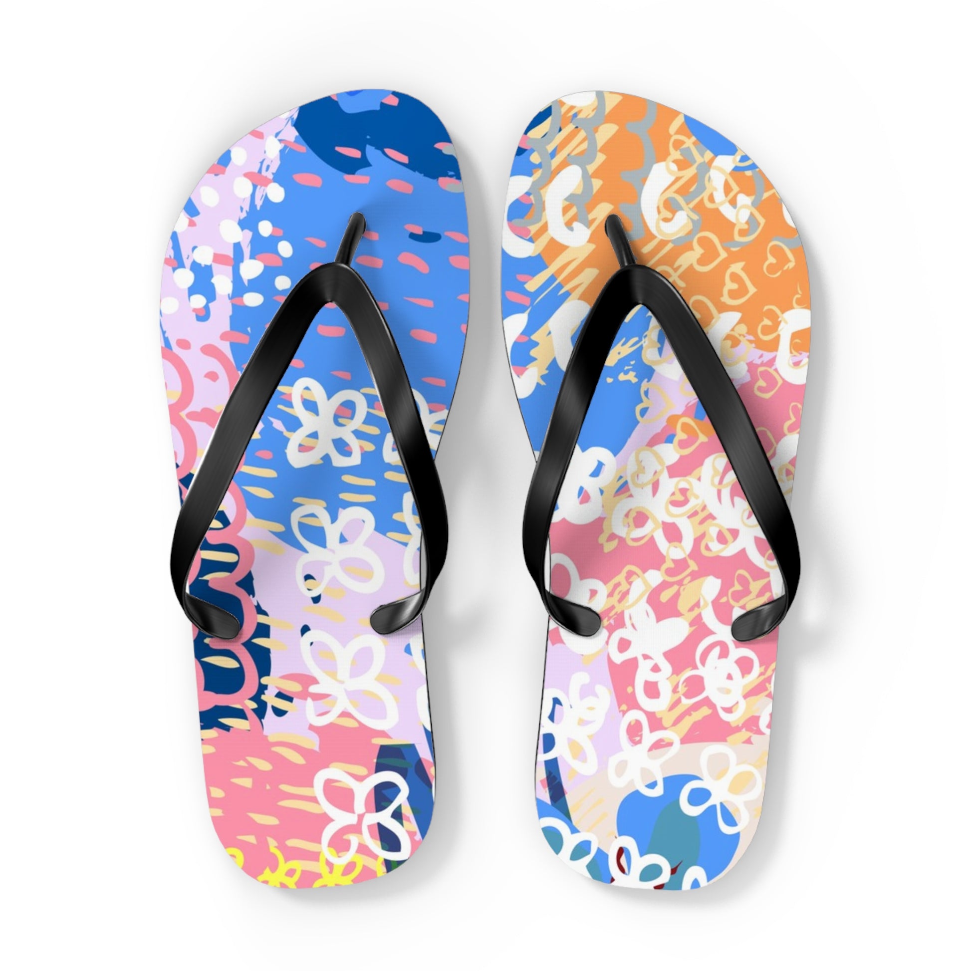 Flowers x Doodles x Hearts Multi-Color Flip Flops, Artsulli - Art is Long, Life is Short, Shoes, Size, XL, Color, Black sole, , , 20998557557758022503